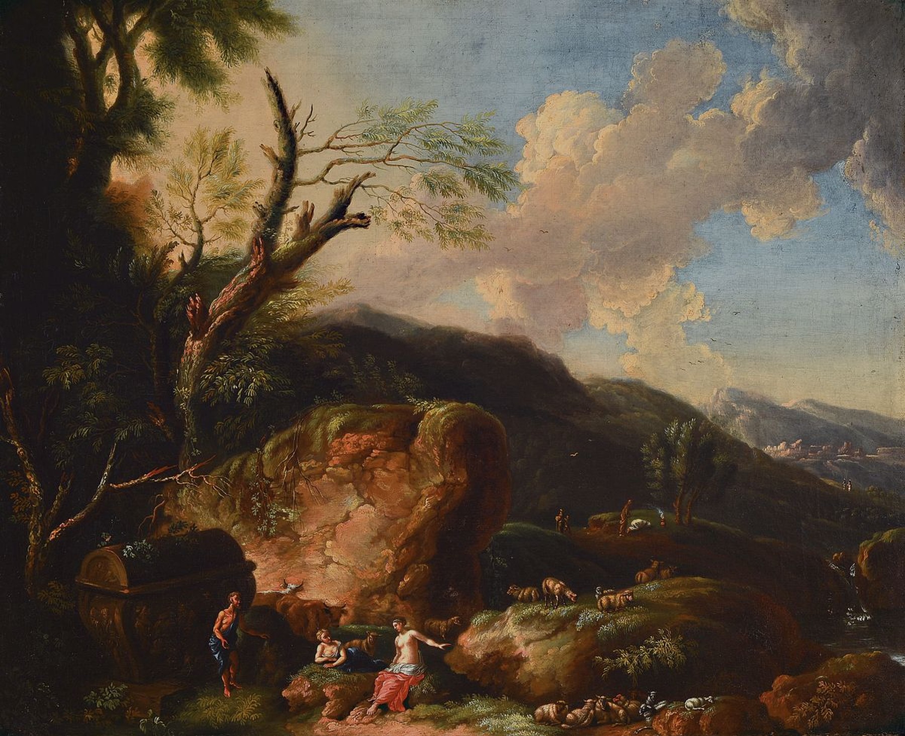 Unbekannter Künstler, spätes 18./frühes 19.Jh., nach dem Vorbild Claude Lorrains bzw. Nicolas Poussins, bukolische Szene, arkadische Landschaft ...