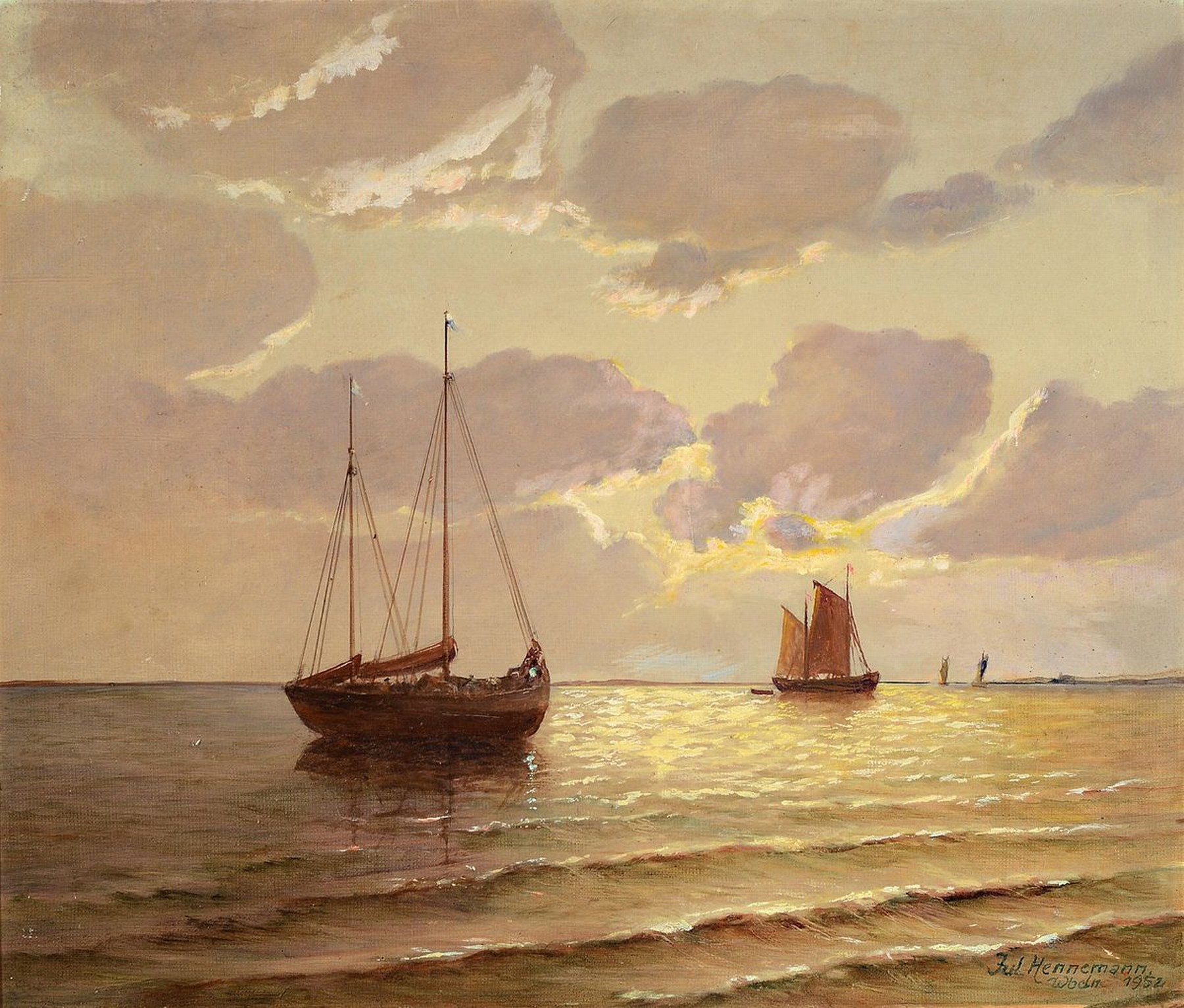 Julius Hennemann, Künstler des 20.Jh., maritime Landschaft: ruhige See mit zwei Zweimastern, rechts unten signiert u. datiert Wiesbaden 1952, ...