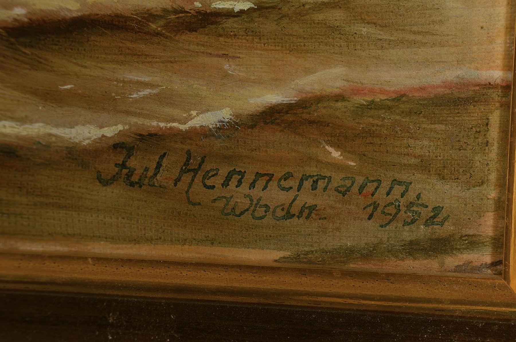 Detail a: Julius Hennemann, Künstler des 20.Jh., maritime Landschaft: ruhige See mit zwei Zweimastern, rechts unten signiert u. datiert Wiesbaden 1952, ...