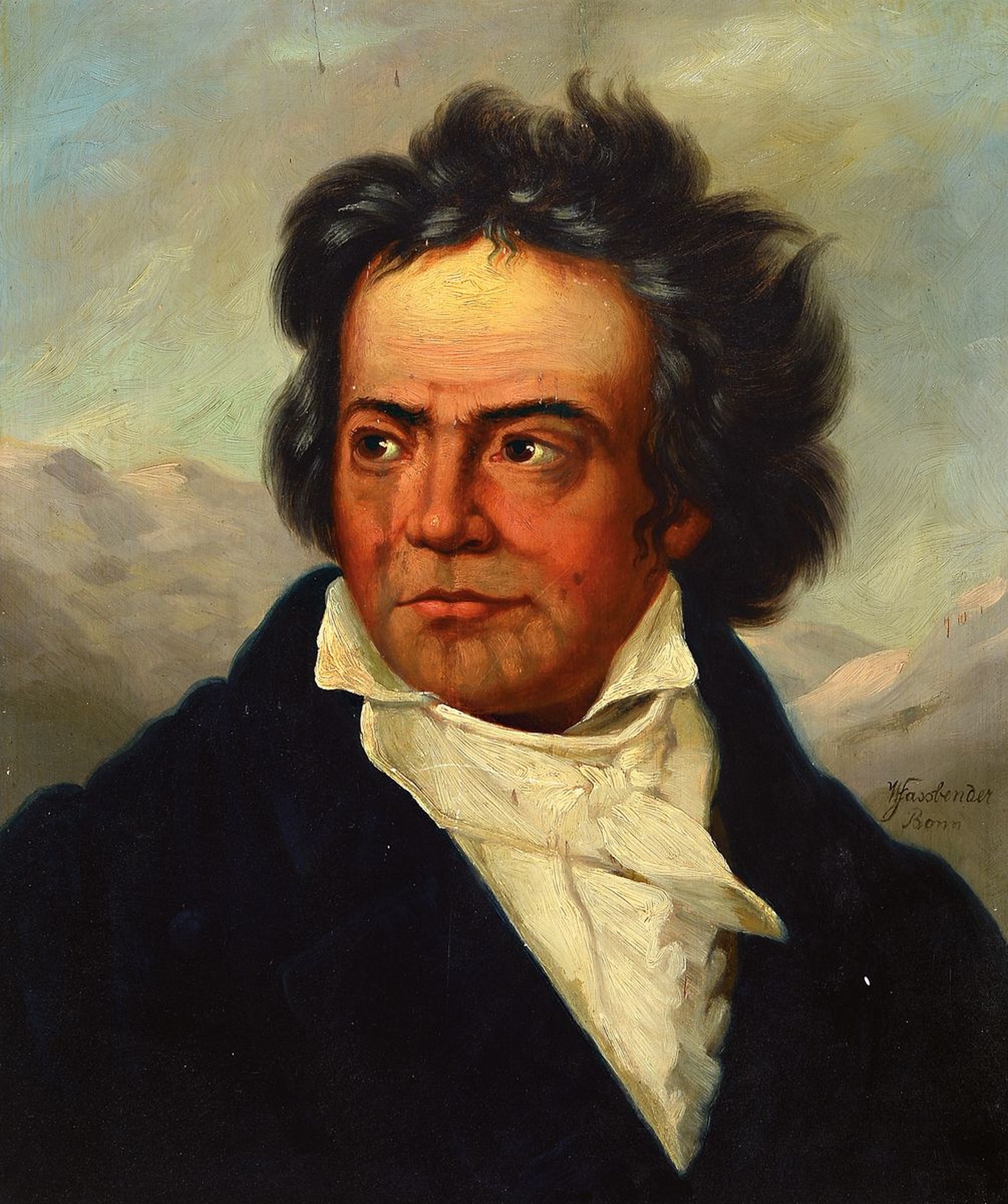 Willy Fassbender, geb. 1873, Porträt des Ludwig van Beethoven, Öl/Holz, seitlich rechts signiert, ca. 45x40cm, R. mit Schild: Ehrenpreis der Stadt ...