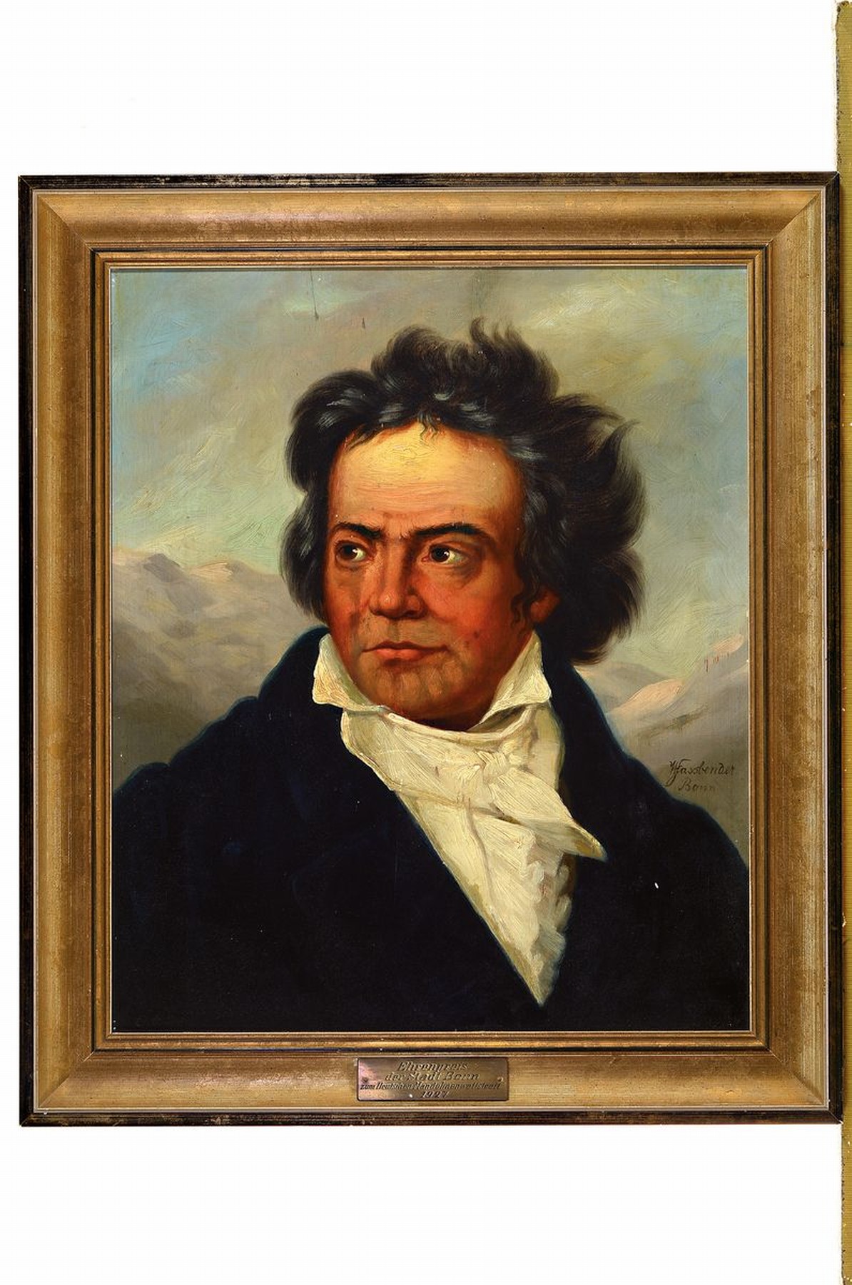 Detail k: Willy Fassbender, geb. 1873, Porträt des Ludwig van Beethoven, Öl/Holz, seitlich rechts signiert, ca. 45x40cm, R. mit Schild: Ehrenpreis der Stadt ...