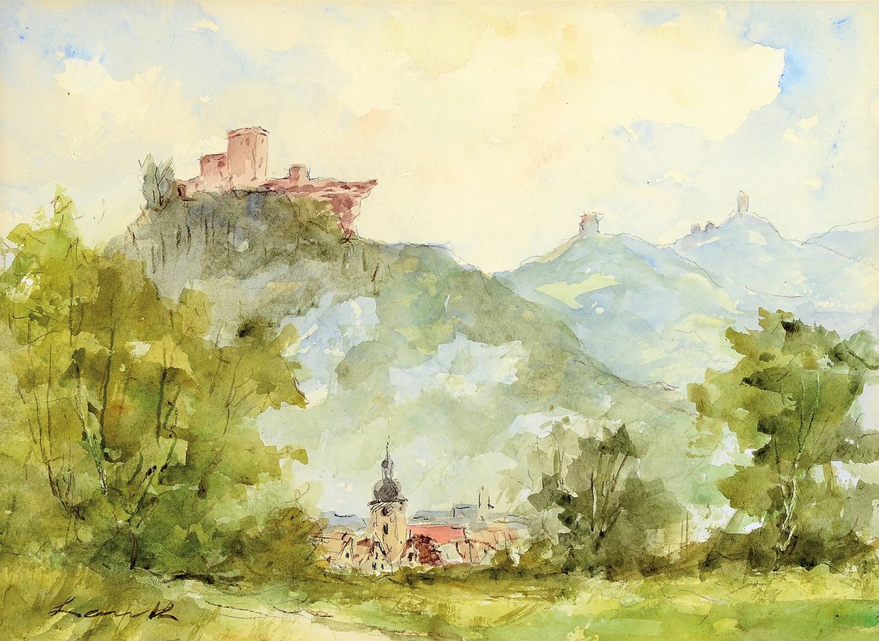 Robert Lauth, 1896-1985 Ludwigshafen, Konvolut aus einem Ölgemälde und 3 Aquarellen: a) Landschaft vor der Haardt, Öl/Malkarton, rechts unten ...