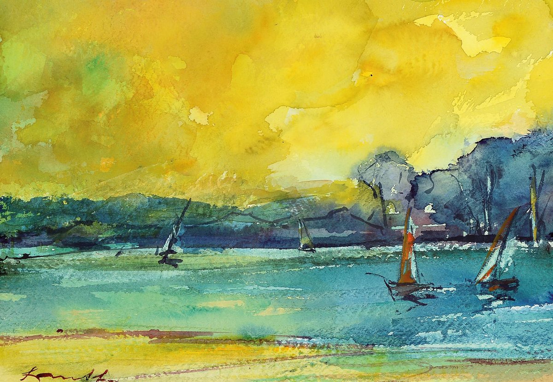 Detail a: Robert Lauth, 1896-1985 Ludwigshafen, Konvolut aus einem Ölgemälde und 3 Aquarellen: a) Landschaft vor der Haardt, Öl/Malkarton, rechts unten ...