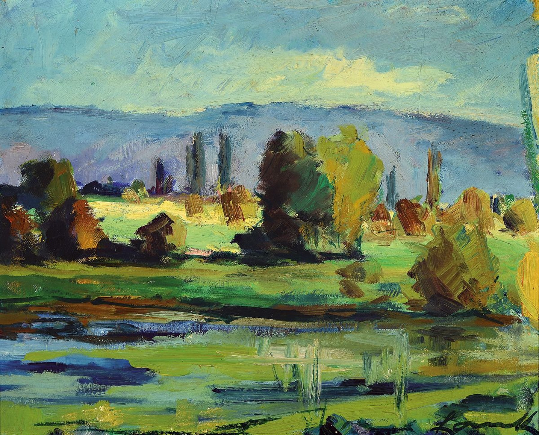 Detail b: Robert Lauth, 1896-1985 Ludwigshafen, Konvolut aus einem Ölgemälde und 3 Aquarellen: a) Landschaft vor der Haardt, Öl/Malkarton, rechts unten ...