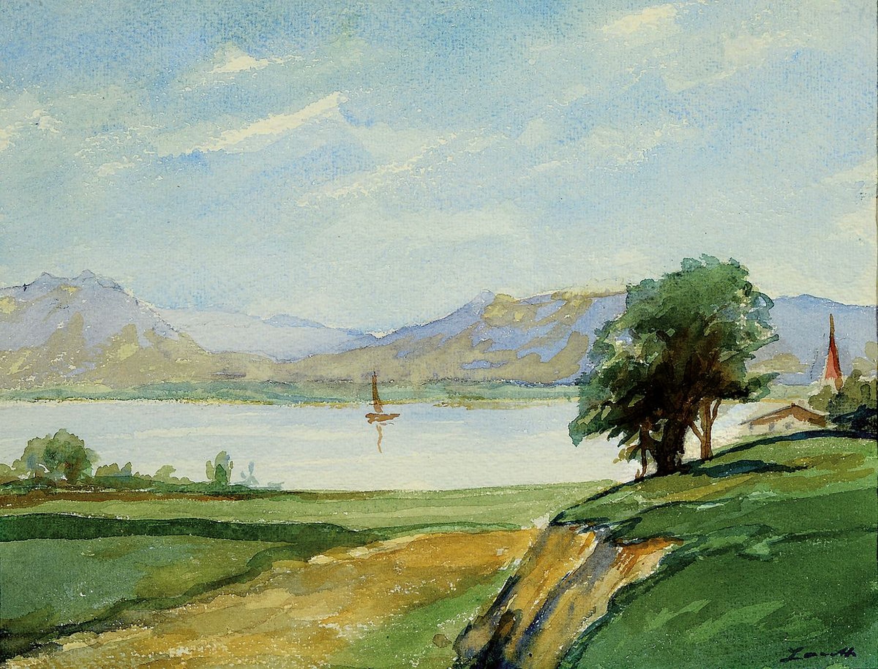 Detail d: Robert Lauth, 1896-1985 Ludwigshafen, Konvolut aus einem Ölgemälde und 3 Aquarellen: a) Landschaft vor der Haardt, Öl/Malkarton, rechts unten ...