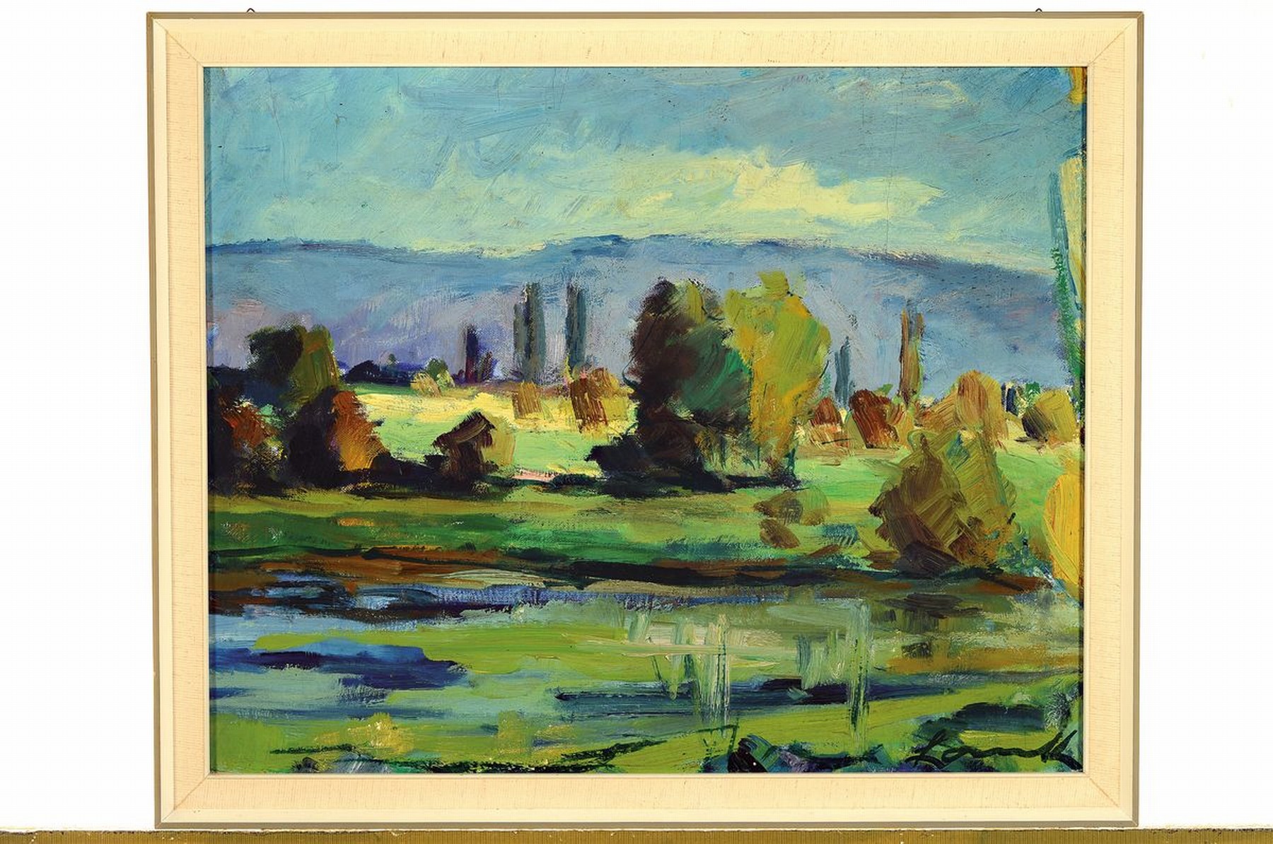 Detail m: Robert Lauth, 1896-1985 Ludwigshafen, Konvolut aus einem Ölgemälde und 3 Aquarellen: a) Landschaft vor der Haardt, Öl/Malkarton, rechts unten ...