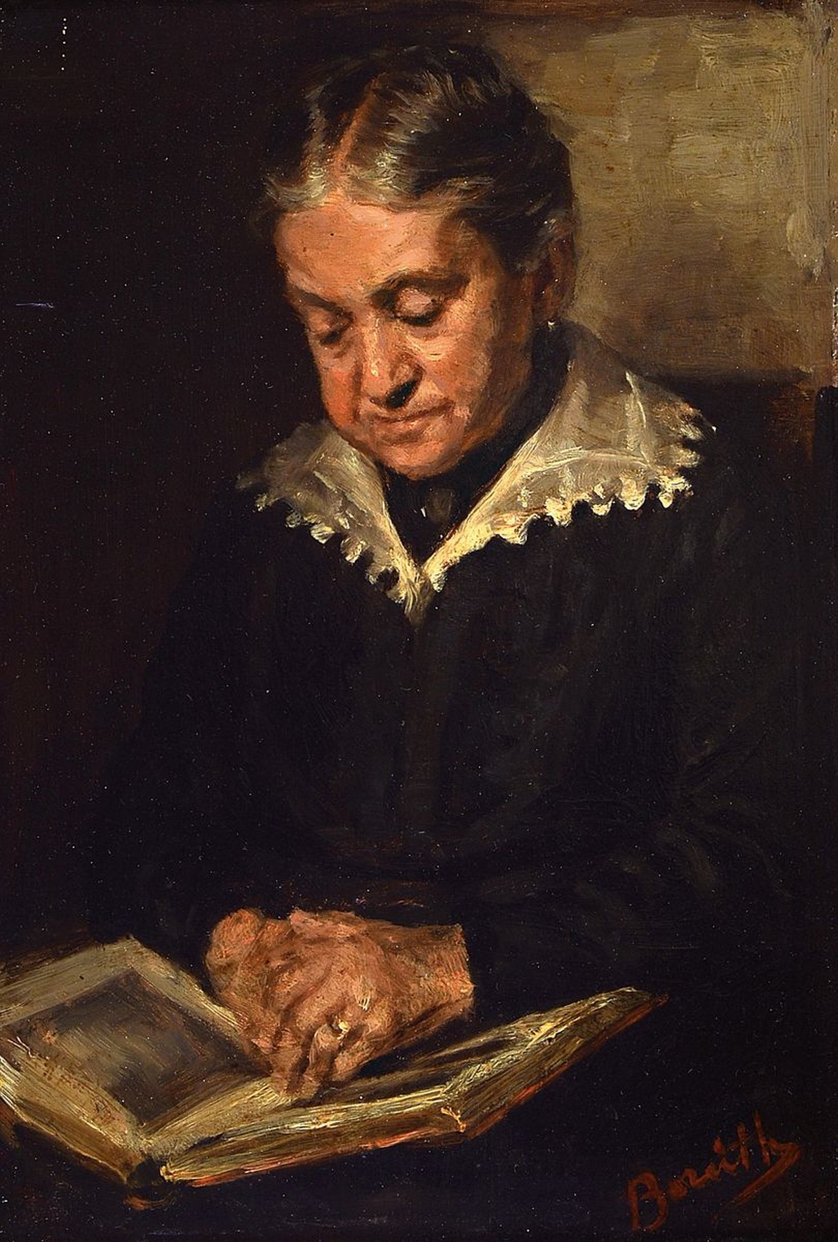 Ungedeuteter Künstler, um 1860, Porträt einer lesenden Dame, lasierende Malerei, rechts unten signiert in rot, Öl/Holz, R., ca.29x20 / 43x35 cm