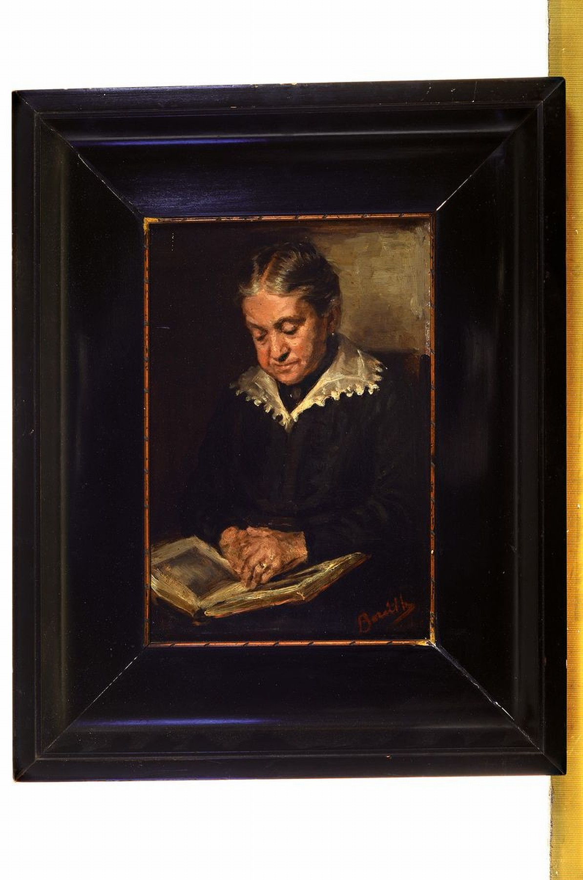 Detail k: Ungedeuteter Künstler, um 1860, Porträt einer lesenden Dame, lasierende Malerei, rechts unten signiert in rot, Öl/Holz, R., ca.29x20 / 43x35 cm