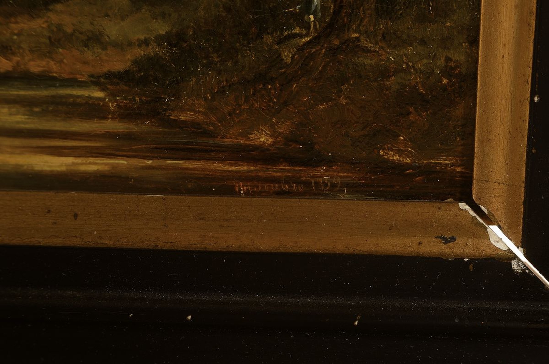 Detail a: Charles Soubre, 1821 Lüttich - 1895 ebenda, spätromantische Flusslandschaft mit Siedlungen u. Staffagefiguren (Magd u. Angler), rechts unten ...