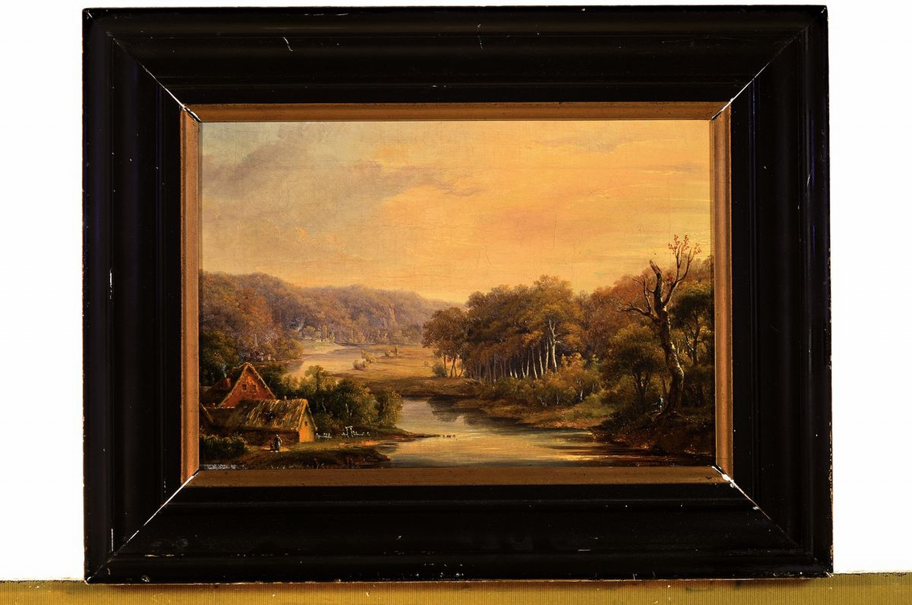 Detail k: Charles Soubre, 1821 Lüttich - 1895 ebenda, spätromantische Flusslandschaft mit Siedlungen u. Staffagefiguren (Magd u. Angler), rechts unten ...