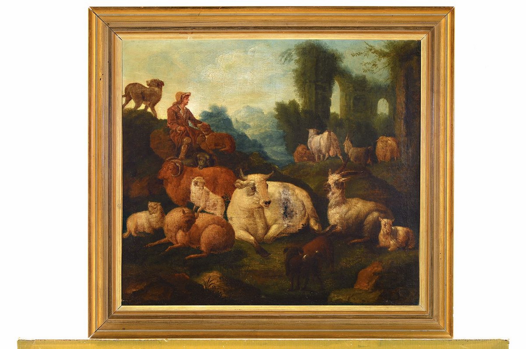 Detail k: Zuschreibung: Jacob van der Does, 1623 Amsterdam - 1673 Sloten, italianisierende bukolische Szene mit lagerndem Hirten vor antiker Ruinenarchitektur, ...
