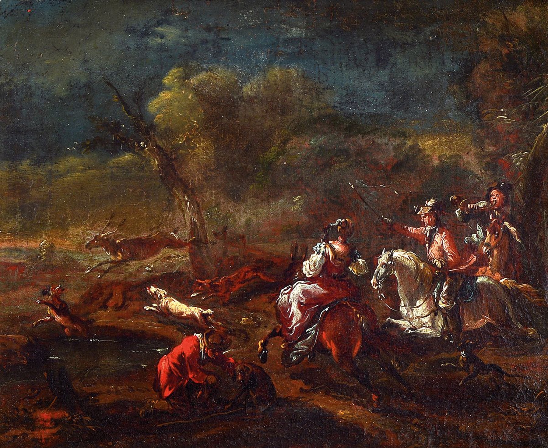 Zuschreibung: Francesco Simonini, 1686 Parma -1753/55 Venedig/Florenz, höfische Parforcejagd auf einen Hirsch, typisch für Simonini die ...