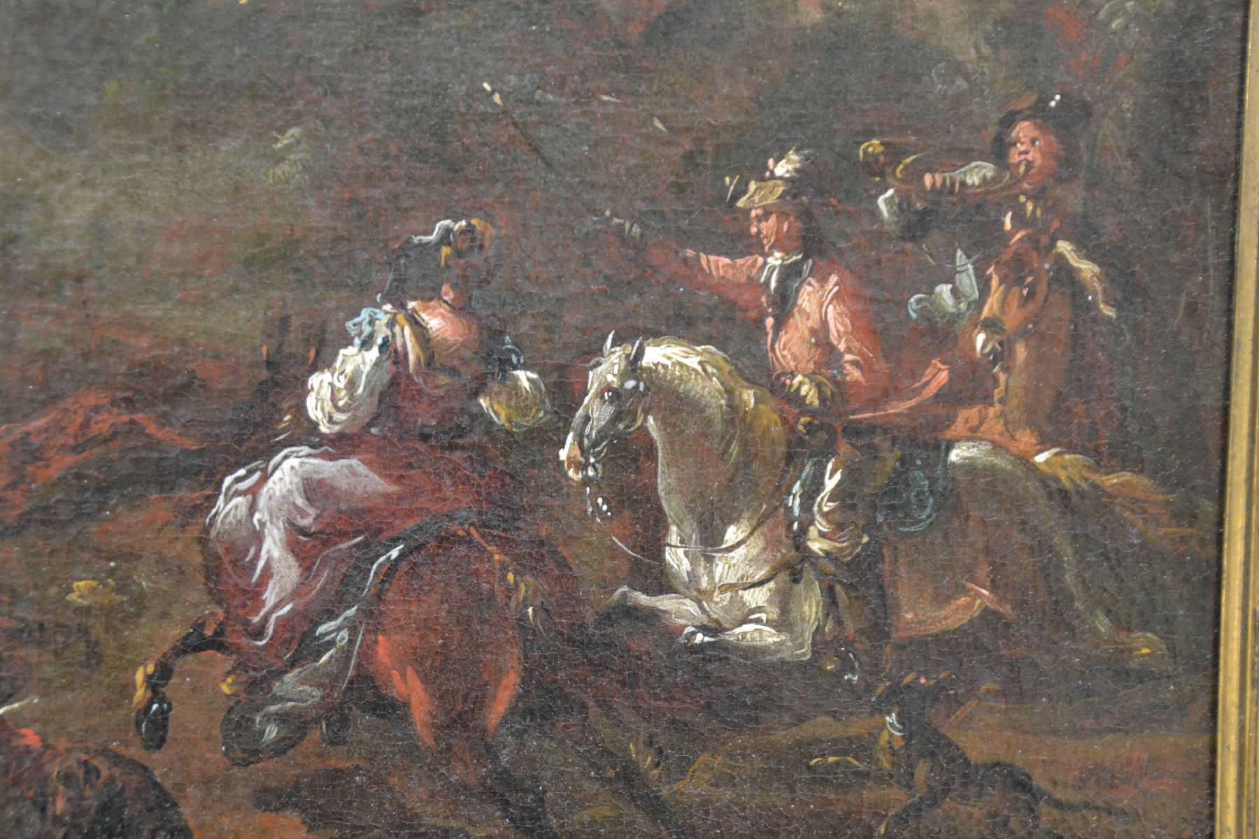 Detail d: Zuschreibung: Francesco Simonini, 1686 Parma -1753/55 Venedig/Florenz, höfische Parforcejagd auf einen Hirsch, typisch für Simonini die ...