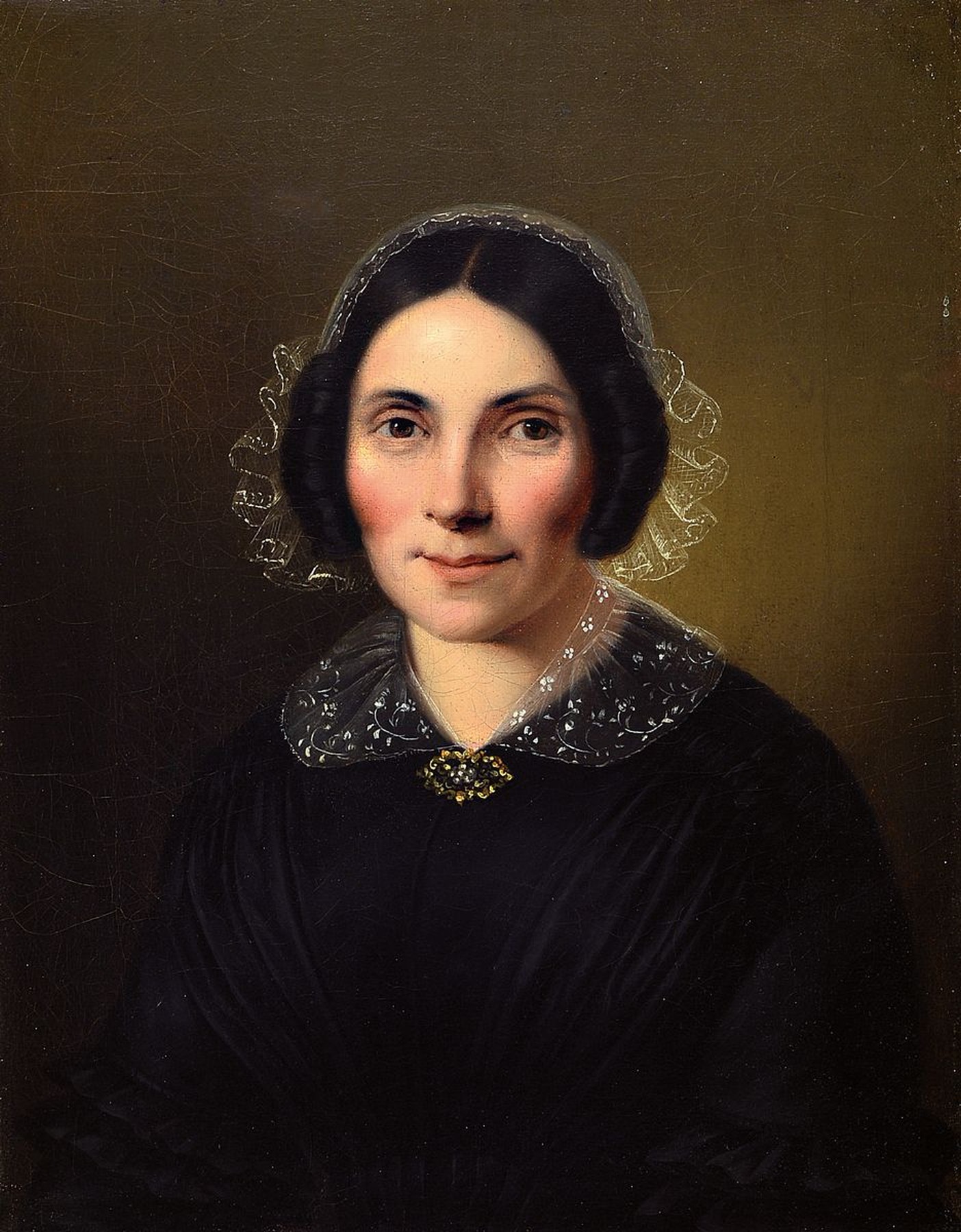 Paar Biedermeierporträts, um 1830/40, anonym, Pendants, Herr im schwarzen Rock, Frau in schwarzem Kleid mit Spitzenkragen u. Brosche, unsigniert, je ...