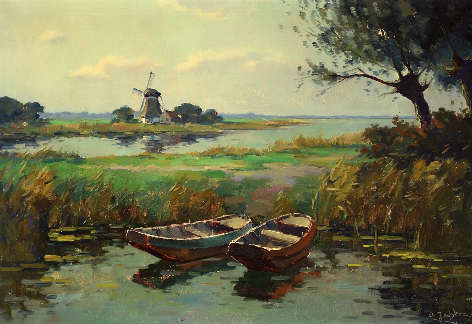Ungedeuteter Künstler, Ende 19.Jh., Niederlande, Polderlandschaft mit zwei Booten und einer Windmühle, in der Tradition des Amsterdamer ...