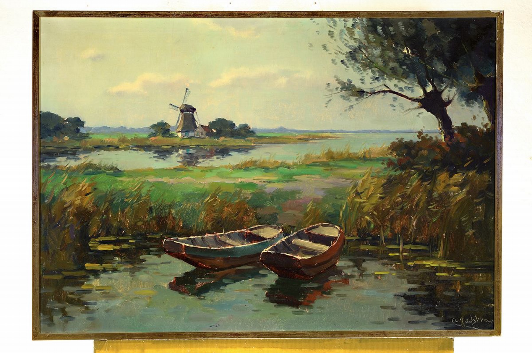 Detail k: Ungedeuteter Künstler, Ende 19.Jh., Niederlande, Polderlandschaft mit zwei Booten und einer Windmühle, in der Tradition des Amsterdamer ...