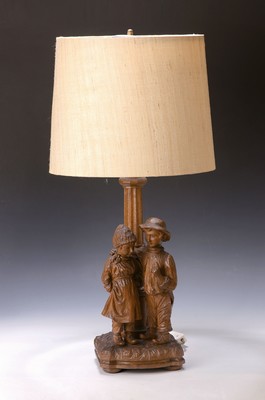 Image 26344299 - Table lamp, German, around 1915, solid oak, couple of children, boy and girl, two lightingpoints, function and electrical not tested, H.approx. 80 cm