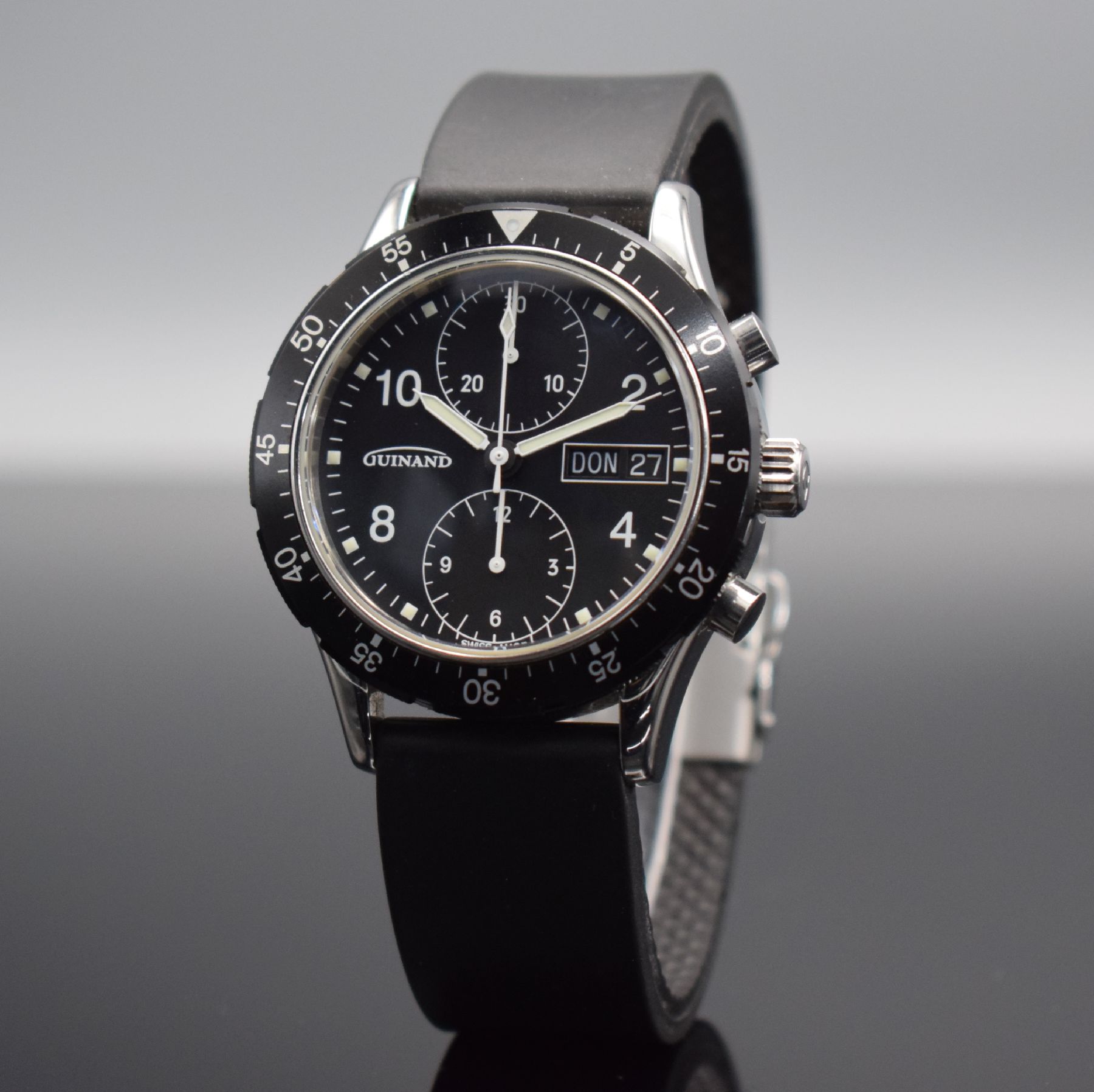 GUINAND Armbandchronograph, Automatik, Schweiz 2000, Edelstahlgeh. inkl. Kautschukband m. Faltschl., beids. vergl., Boden & Krone verschr., schwarzes ...