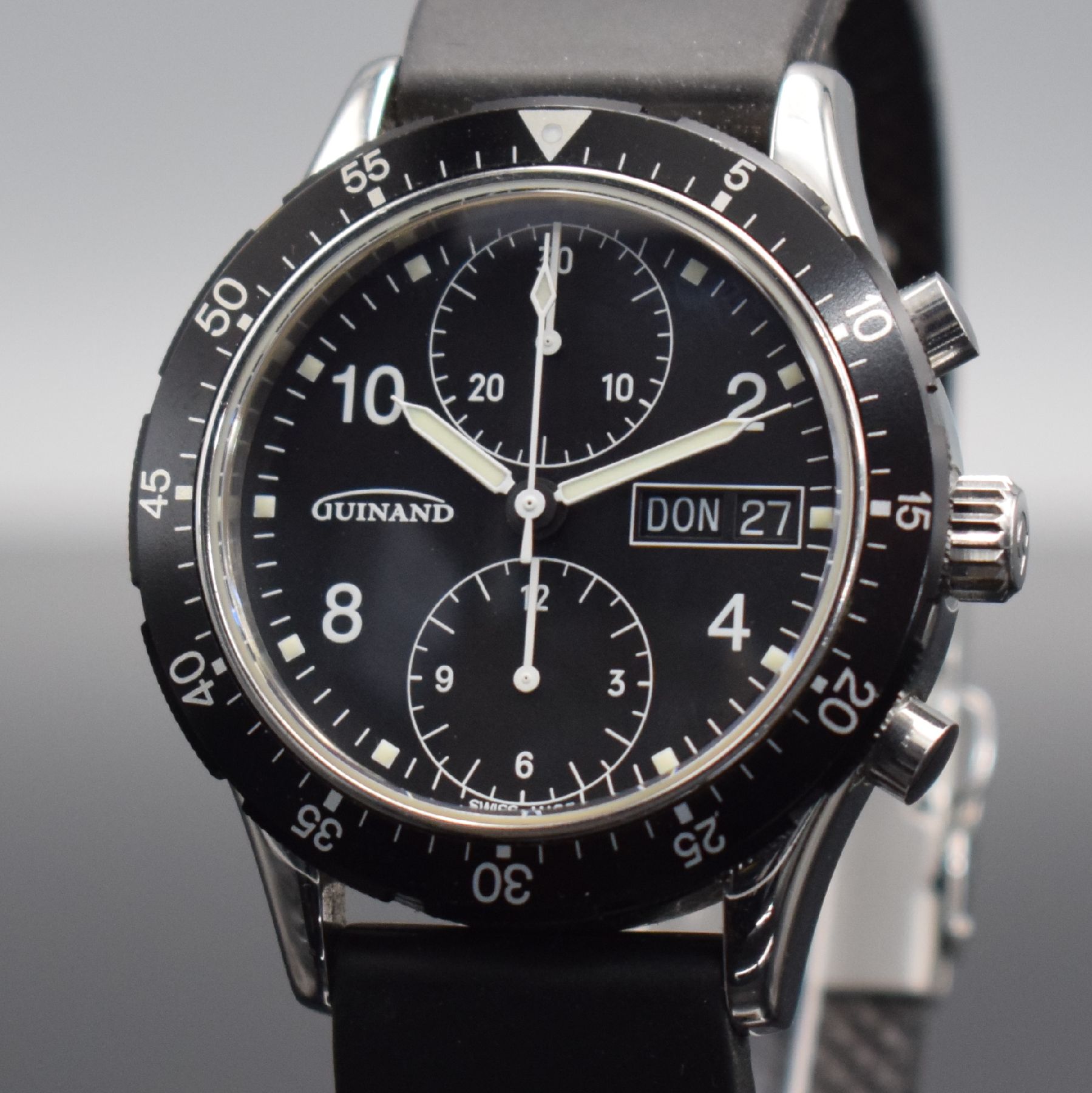 Detail a: GUINAND Armbandchronograph, Automatik, Schweiz 2000, Edelstahlgeh. inkl. Kautschukband m. Faltschl., beids. vergl., Boden & Krone verschr., schwarzes ...