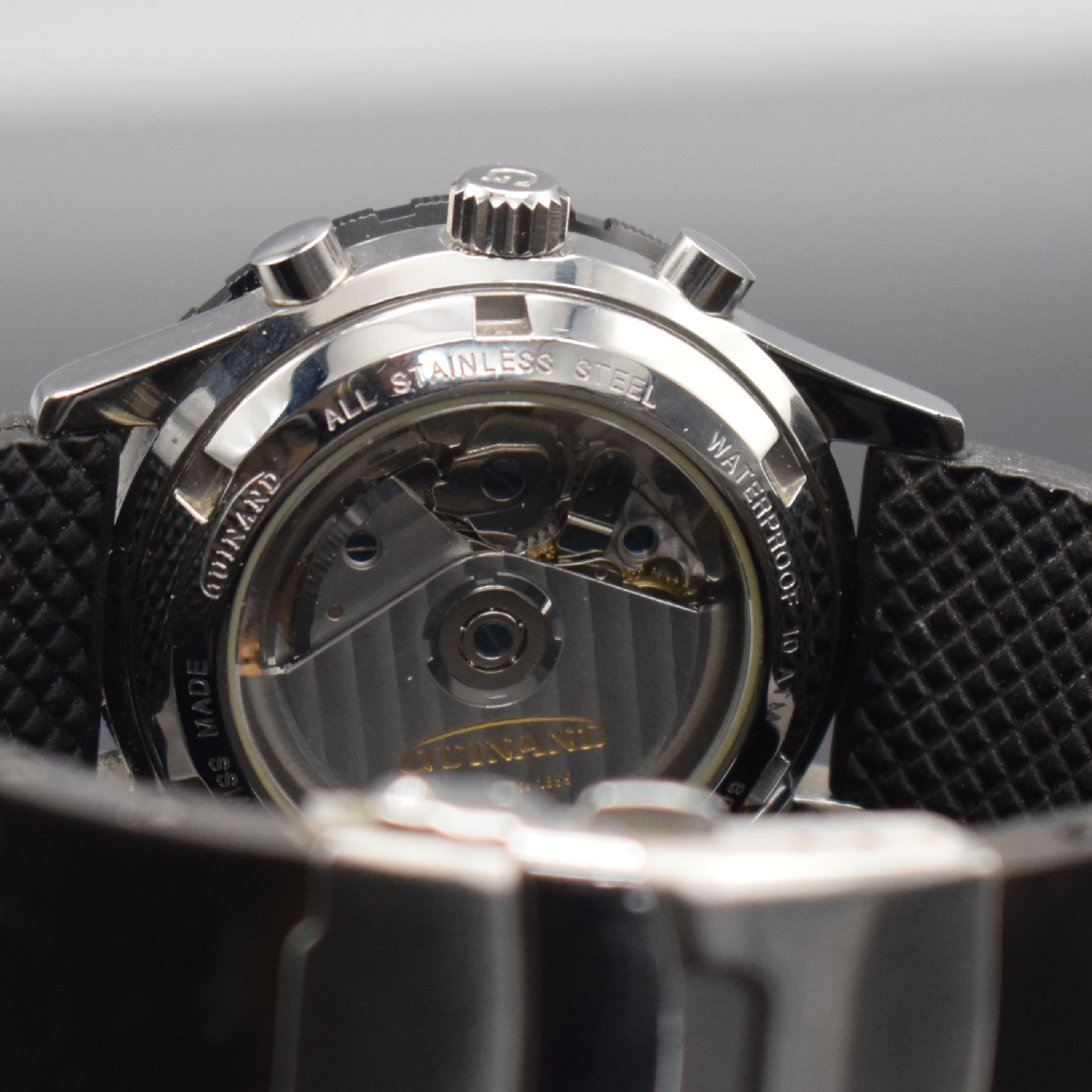 Detail c: GUINAND Armbandchronograph, Automatik, Schweiz 2000, Edelstahlgeh. inkl. Kautschukband m. Faltschl., beids. vergl., Boden & Krone verschr., schwarzes ...