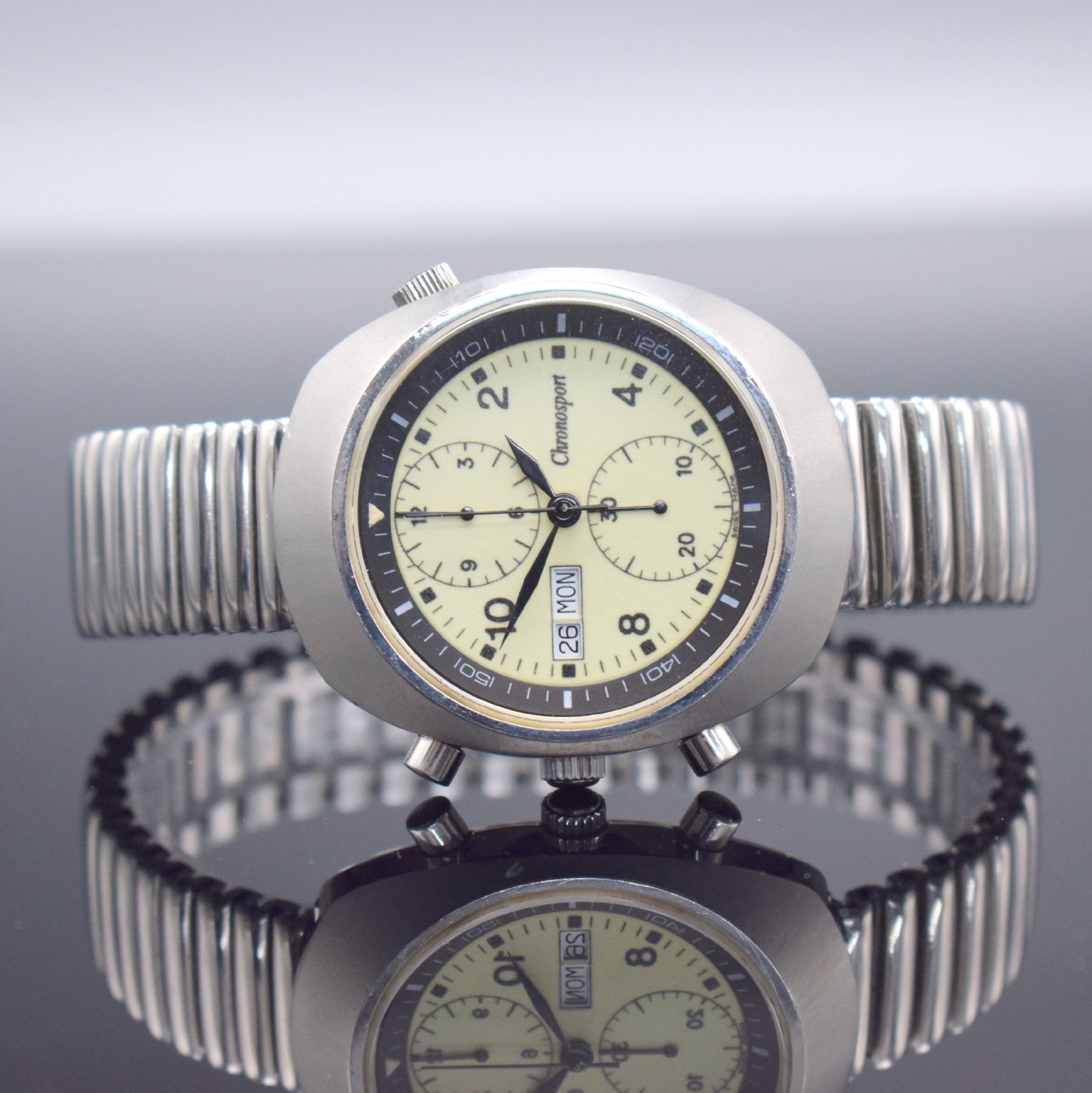 CHRONOSPORT seltener Armbandchronograph, Automatik, Schweiz um 2004, Edelstahlgeh. inkl. neutr. Flexband, Boden & Krone bei 9 verschr., ...
