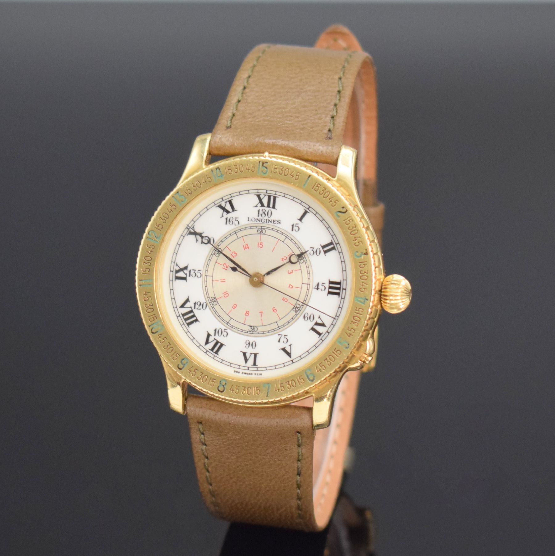 Detail b: LONGINES Stundenwinkeluhr nach Charles A. Lindbergh, Schweiz verk. lt. beil. Pap. 05/1990, Automatik, Ref. 989.5216, Geh. in GG 750/000, Boden ...