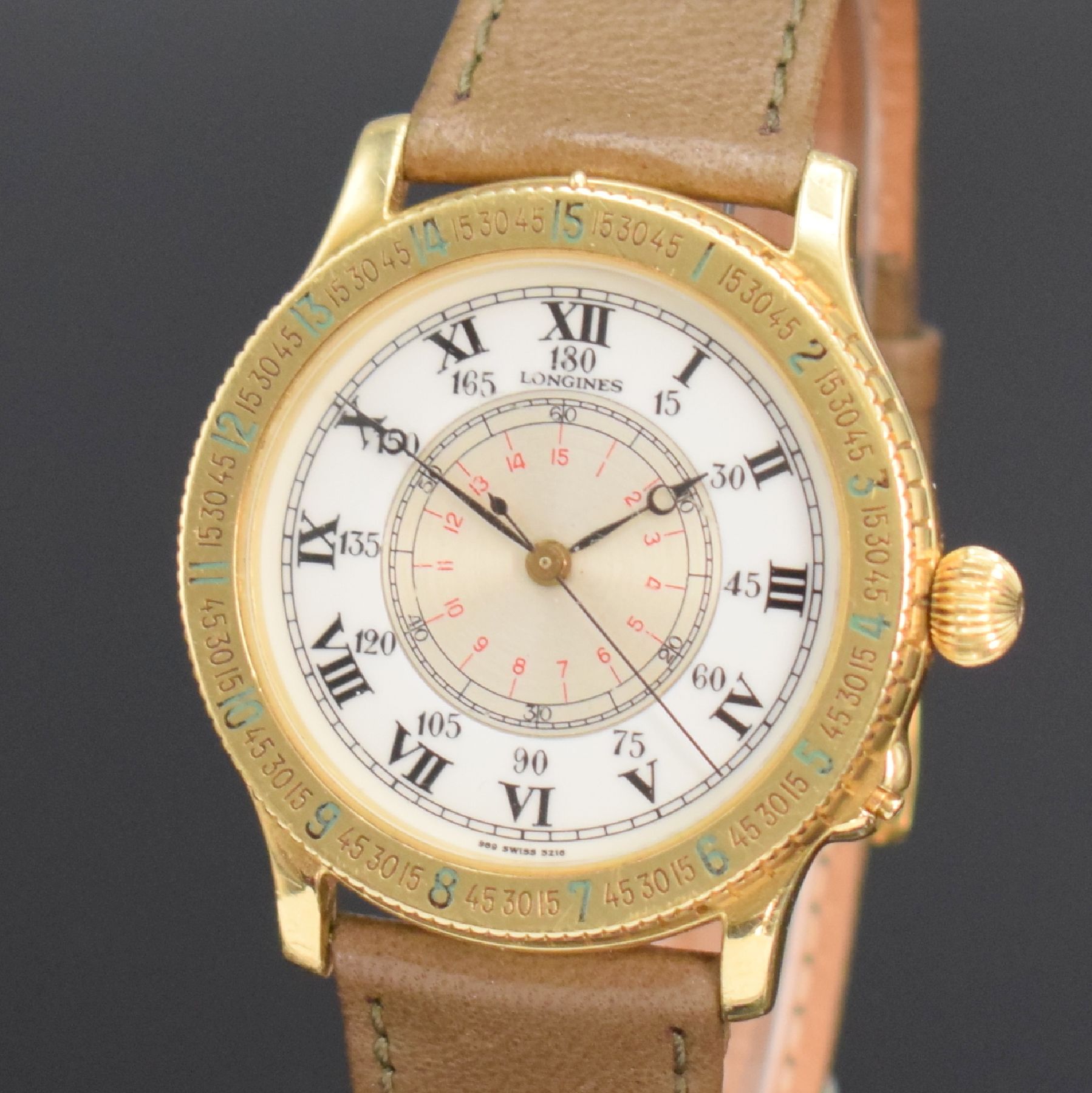 Detail c: LONGINES Stundenwinkeluhr nach Charles A. Lindbergh, Schweiz verk. lt. beil. Pap. 05/1990, Automatik, Ref. 989.5216, Geh. in GG 750/000, Boden ...