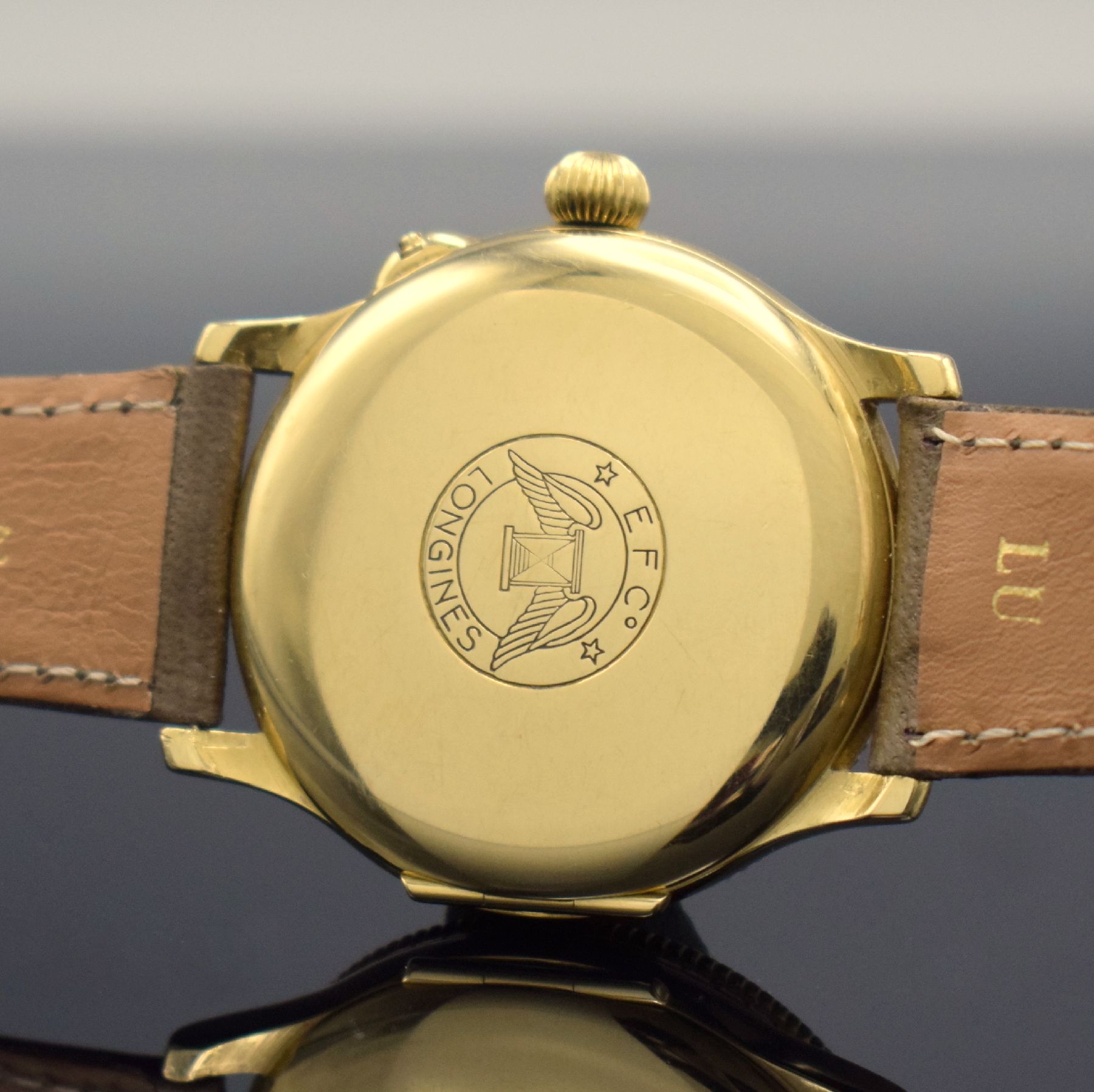 Detail f: LONGINES Stundenwinkeluhr nach Charles A. Lindbergh, Schweiz verk. lt. beil. Pap. 05/1990, Automatik, Ref. 989.5216, Geh. in GG 750/000, Boden ...