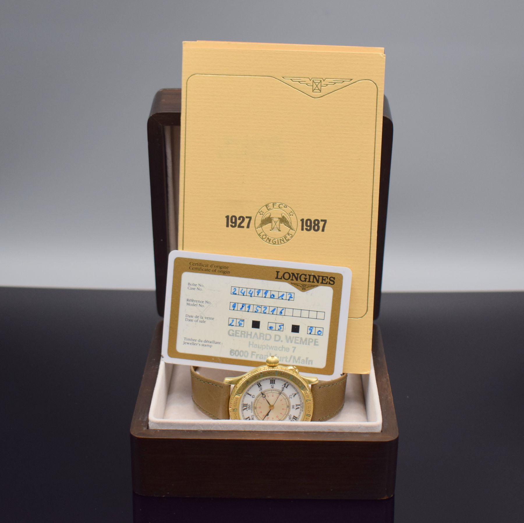 Detail j: LONGINES Stundenwinkeluhr nach Charles A. Lindbergh, Schweiz verk. lt. beil. Pap. 05/1990, Automatik, Ref. 989.5216, Geh. in GG 750/000, Boden ...