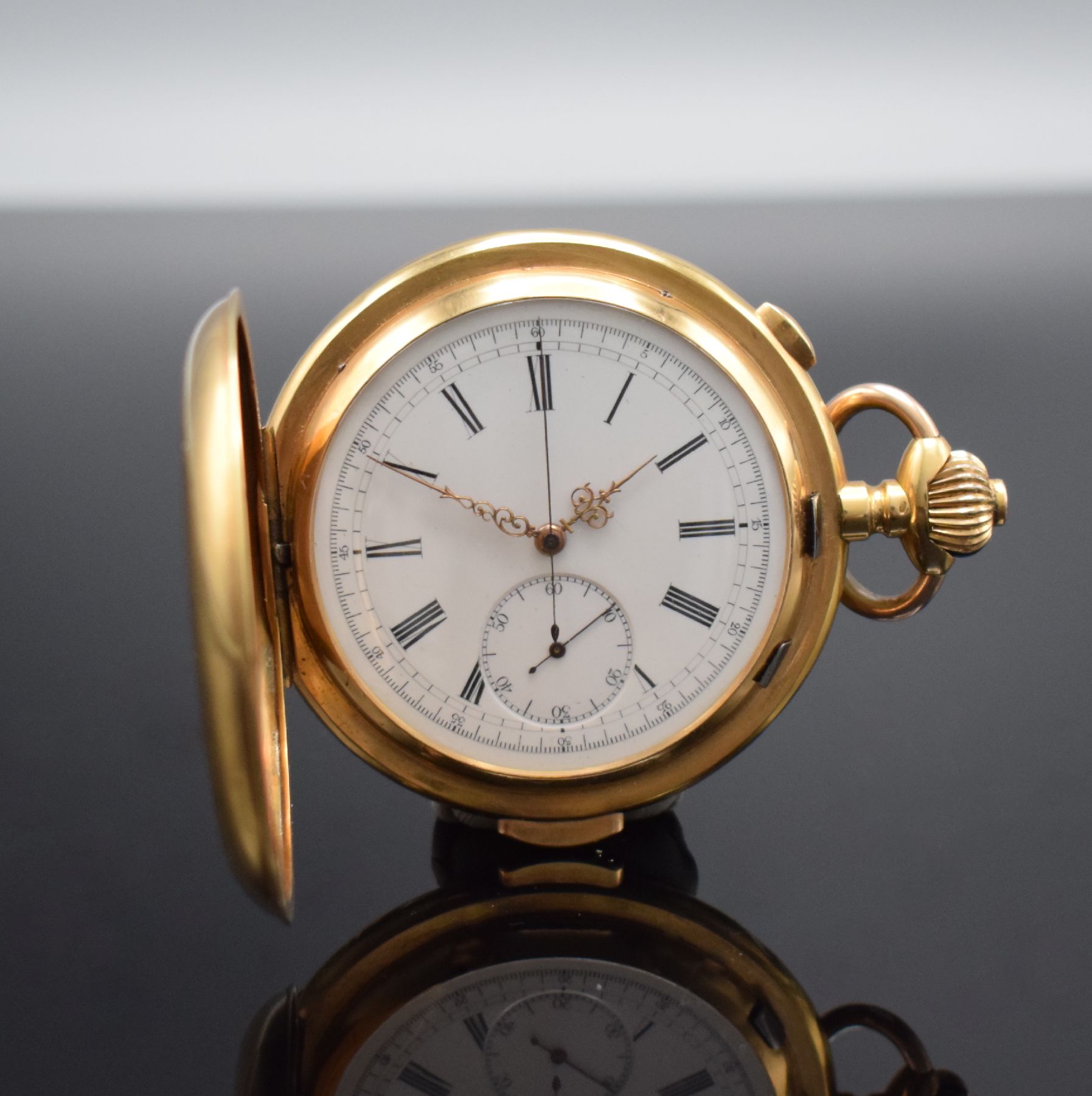 TEMPORA Herrensavonette in GG 750/000 mit Minutenrepetition & Chronograph, Schweiz für den Deutschen Markt um 1900, 3-Deckel Goldgeh. dell./riss., ...
