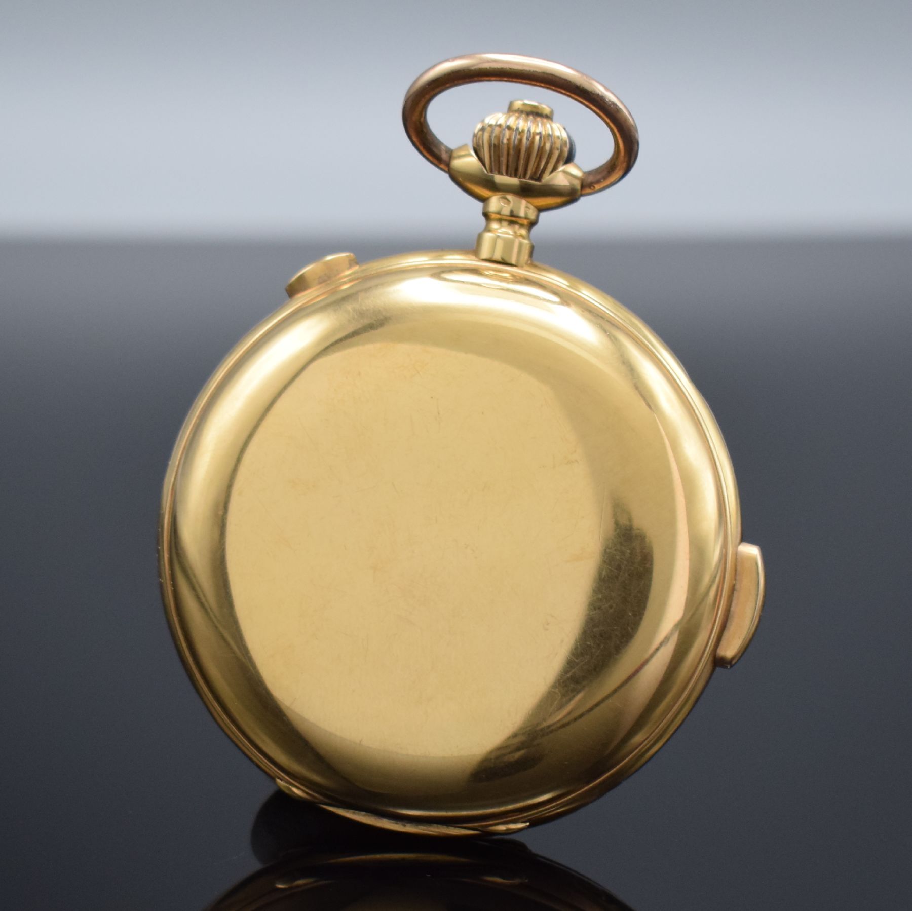 Detail b: TEMPORA Herrensavonette in GG 750/000 mit Minutenrepetition & Chronograph, Schweiz für den Deutschen Markt um 1900, 3-Deckel Goldgeh. dell./riss., ...