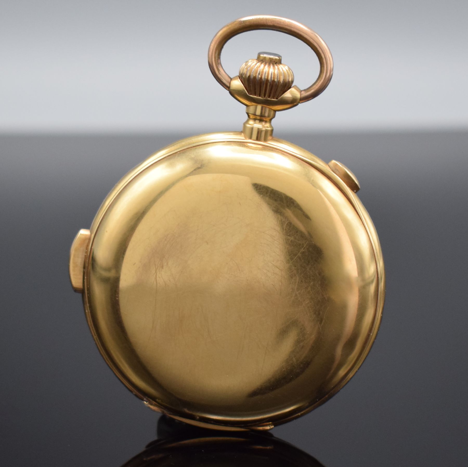 Detail c: TEMPORA Herrensavonette in GG 750/000 mit Minutenrepetition & Chronograph, Schweiz für den Deutschen Markt um 1900, 3-Deckel Goldgeh. dell./riss., ...