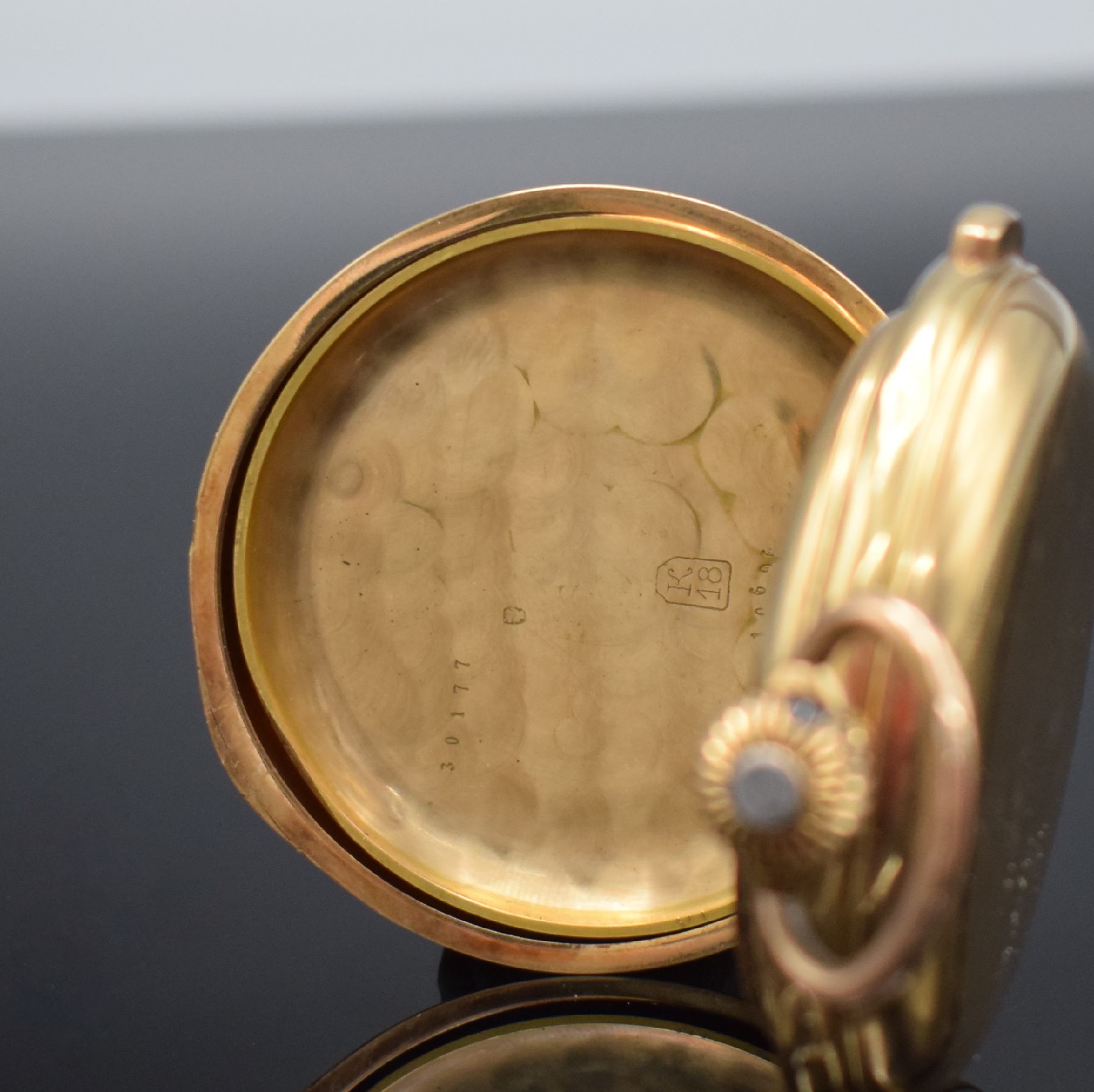 Detail f: TEMPORA Herrensavonette in GG 750/000 mit Minutenrepetition & Chronograph, Schweiz für den Deutschen Markt um 1900, 3-Deckel Goldgeh. dell./riss., ...