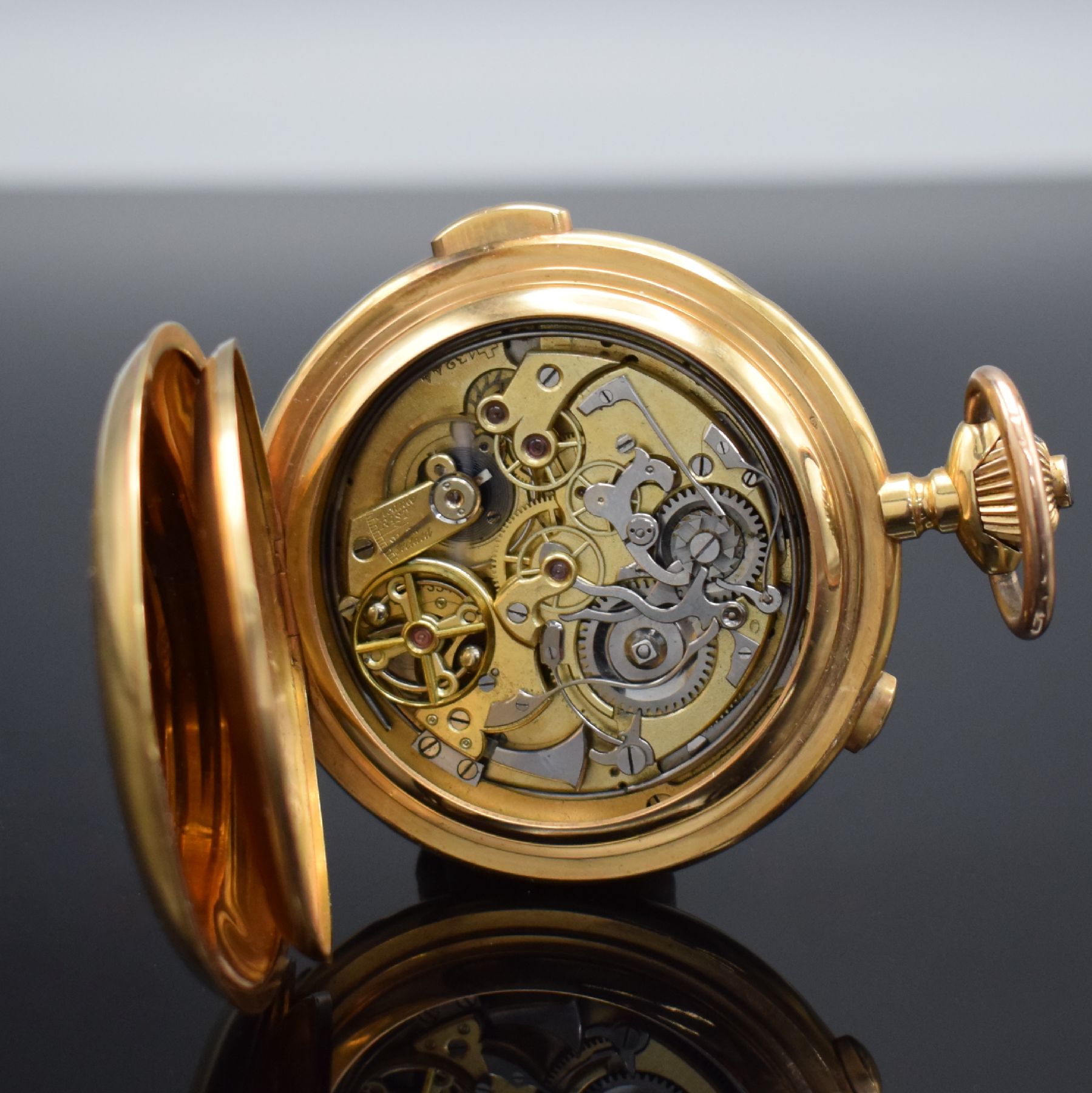 Detail g: TEMPORA Herrensavonette in GG 750/000 mit Minutenrepetition & Chronograph, Schweiz für den Deutschen Markt um 1900, 3-Deckel Goldgeh. dell./riss., ...