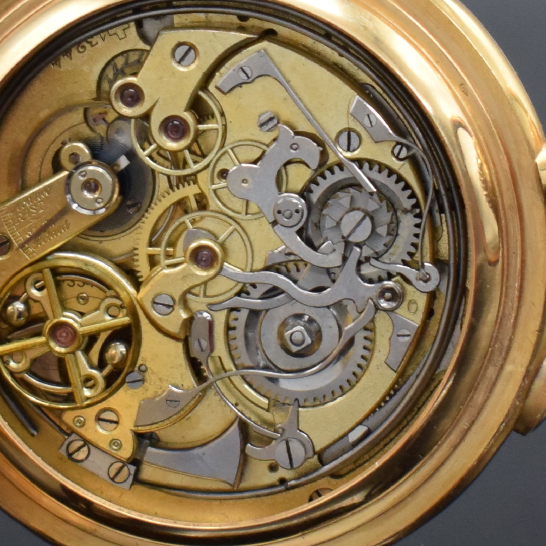 Detail h: TEMPORA Herrensavonette in GG 750/000 mit Minutenrepetition & Chronograph, Schweiz für den Deutschen Markt um 1900, 3-Deckel Goldgeh. dell./riss., ...