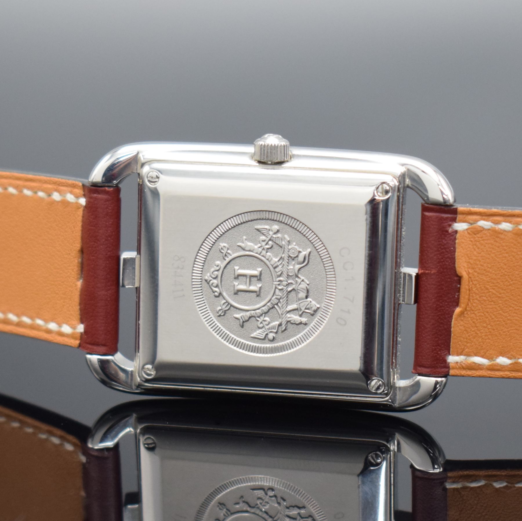 Detail c: HERMES Armbanduhr Serie Cape Cod in Stahl Referenz CC1.710, Schweiz um 2000, Automatik, Boden m. H-Symbolik 4-fach verschr., orig. Lederband m. ...