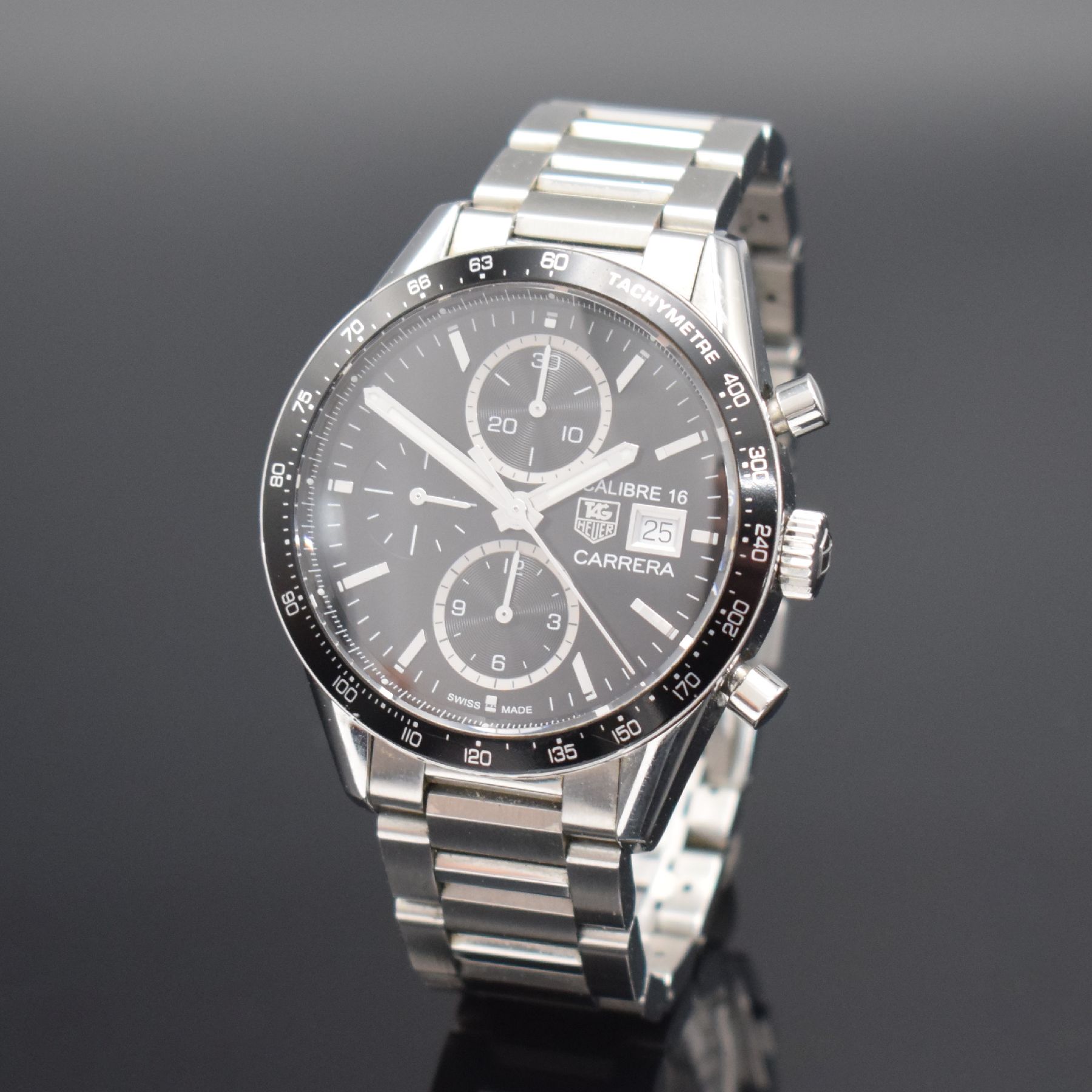 TAG HEUER Carrera Calibre 16 Juan Manuel Fangio Herrenarmbanduhr mit Chronograph in Stahl, Automatik, Ref. CV201AJ-0, Boden verschr., orig. ...