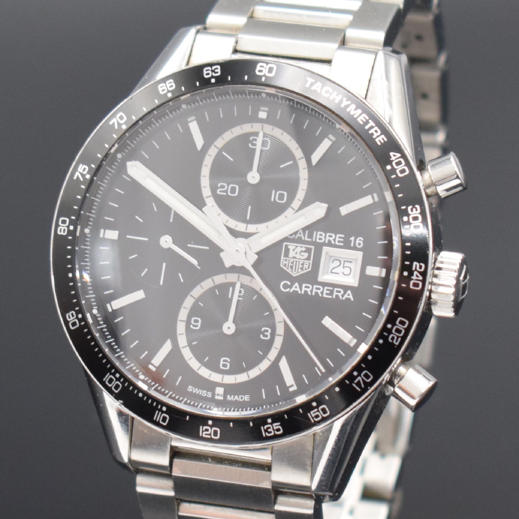 Detail a: TAG HEUER Carrera Calibre 16 Juan Manuel Fangio Herrenarmbanduhr mit Chronograph in Stahl, Automatik, Ref. CV201AJ-0, Boden verschr., orig. ...
