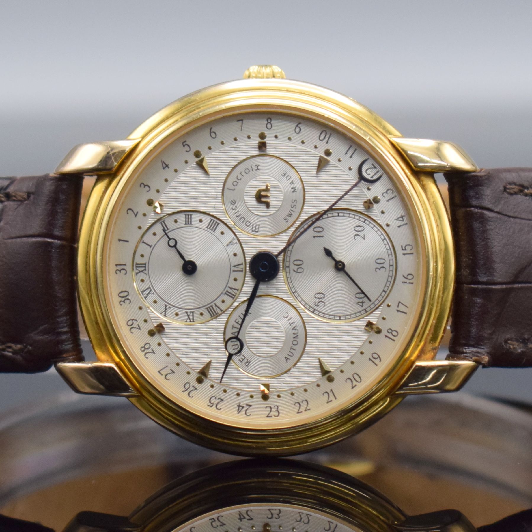 Detail a: MAURICE LACROIX Regulateur Herrenarmbanduhr, Schweiz um 1995, Automatik, verg. Geh. beids. vergl., Boden aufgedr., Korrekturdr. seitl. im Geh. ...