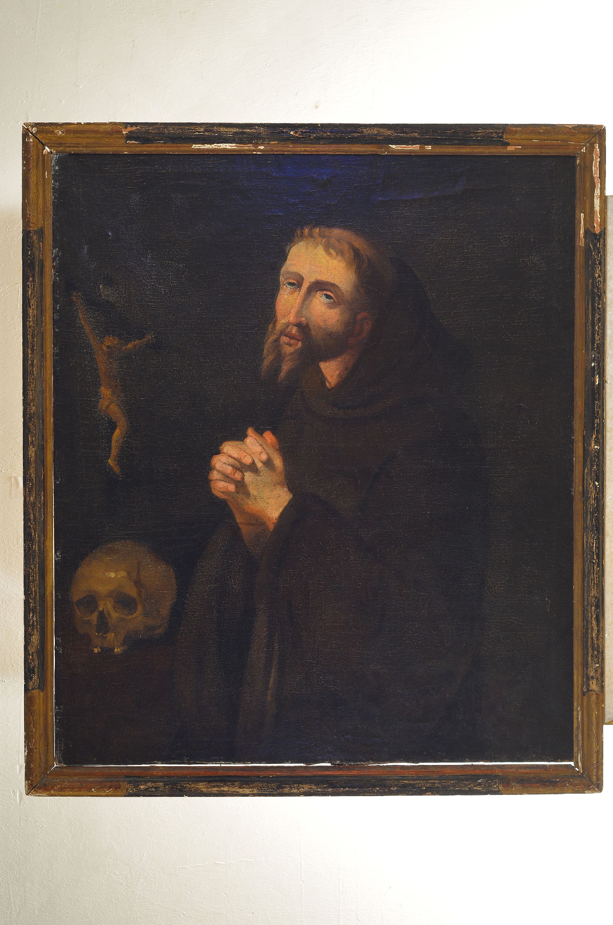 Detail k: Umkreis Guiseppe Jose de Ribera, 1588 - 1652, Hl. Franz von Assisi mit Memento Mori und Kruzifix, betend mit gefalteten Händen, feines farblich ...