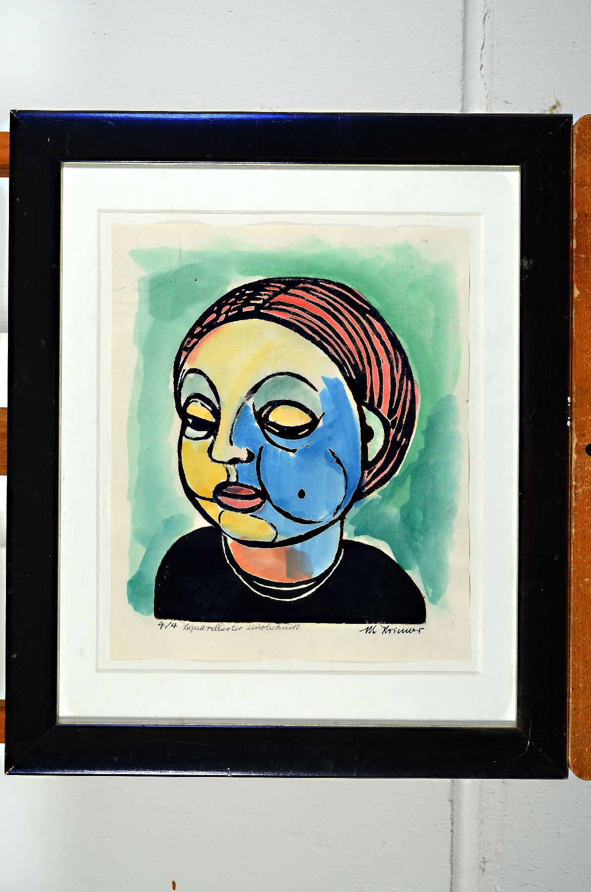 Michaela Krinner, 1915 - 2006, Aquarell und aquarellierter Linolschnitt, a. Aquarell, Porträt einer jungen Frau mit dunklem Haar, li. u. signiert, ...