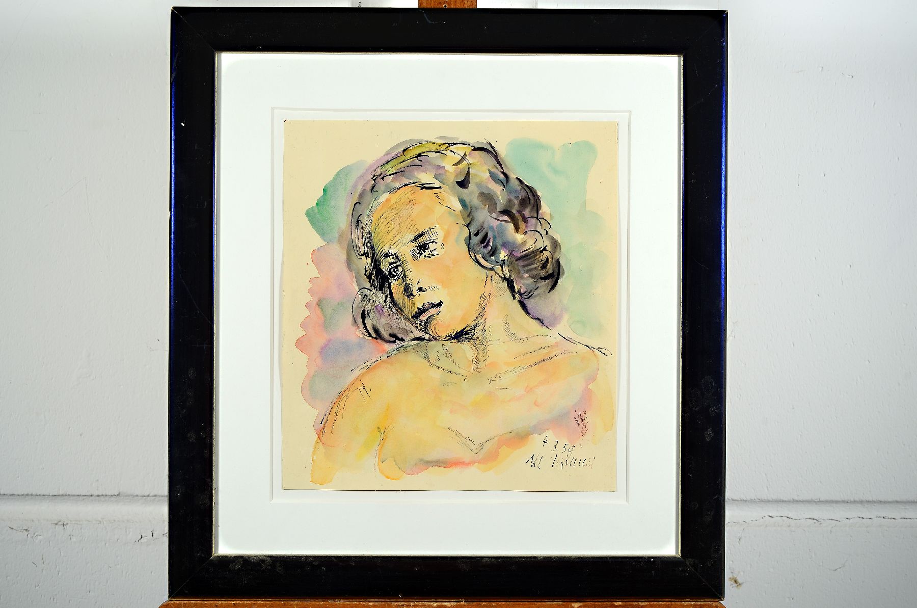 Detail a: Michaela Krinner, 1915 - 2006, Aquarell und aquarellierter Linolschnitt, a. Aquarell, Porträt einer jungen Frau mit dunklem Haar, li. u. signiert, ...