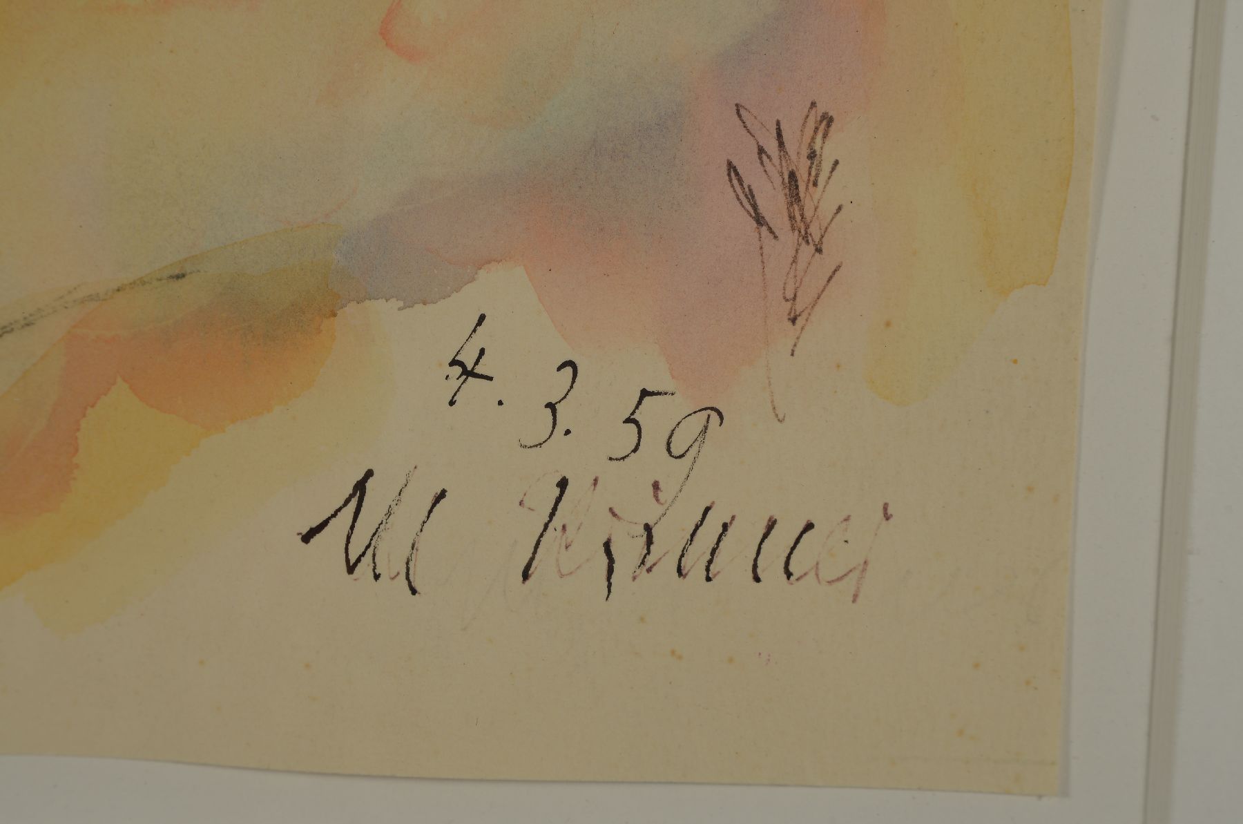 Detail b: Michaela Krinner, 1915 - 2006, Aquarell und aquarellierter Linolschnitt, a. Aquarell, Porträt einer jungen Frau mit dunklem Haar, li. u. signiert, ...