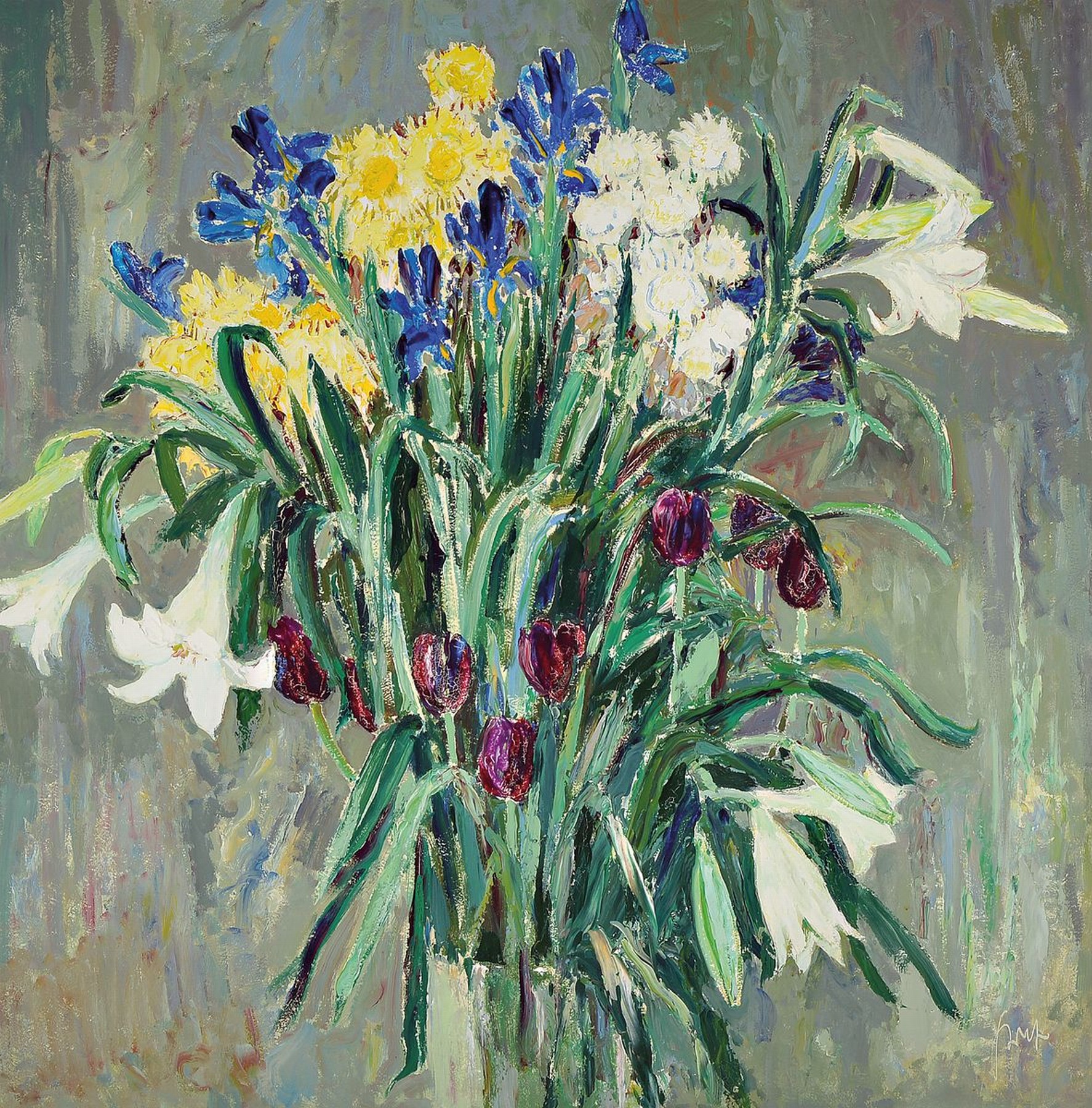 Karl Graf, 1902 Speyer bis 1986, großformatiges Blumenstillleben, Öl/Hartfaserplatte, rechts unten signiert, rückseitig mit Widmung: "Herrn ...