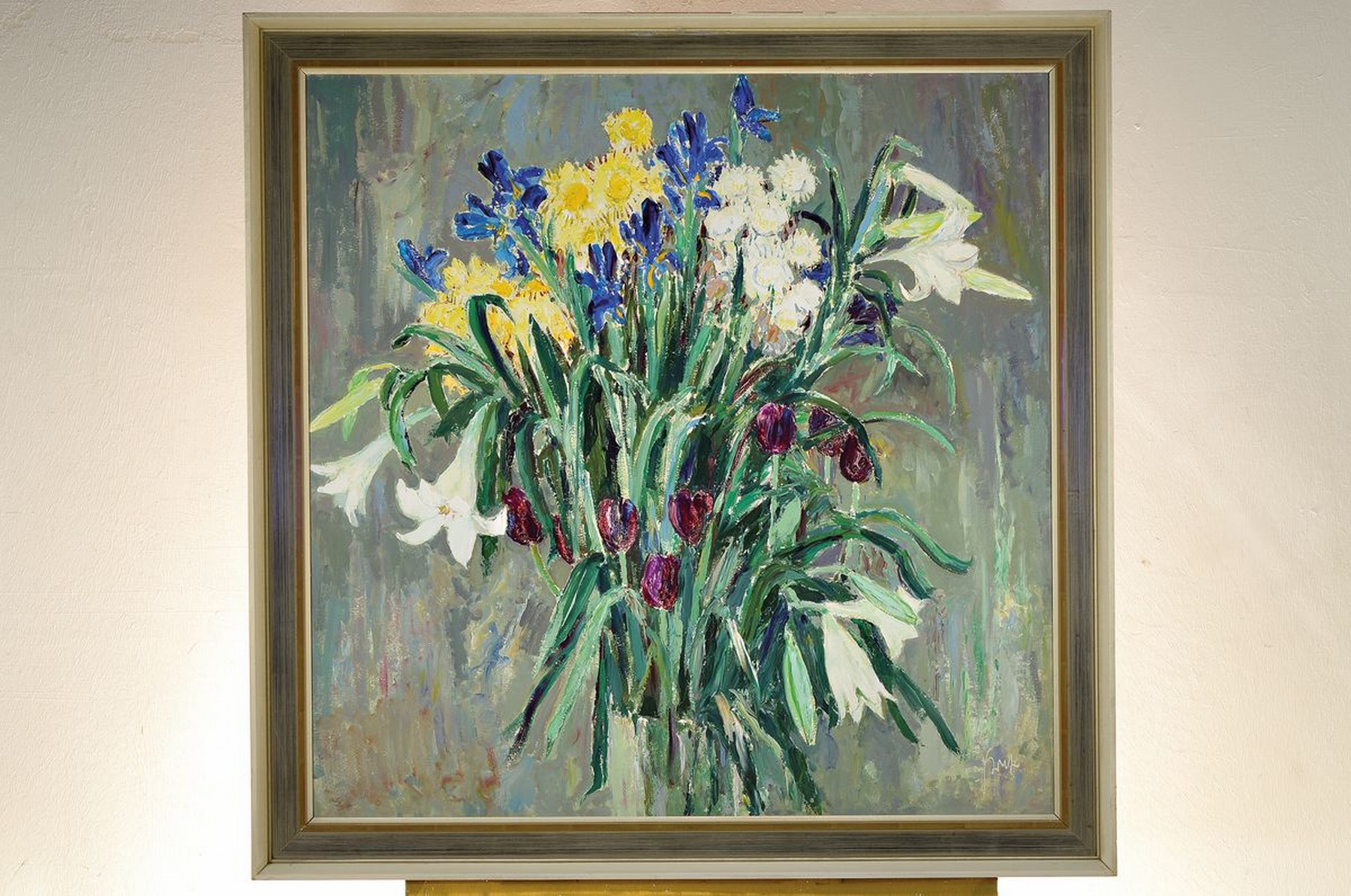 Detail k: Karl Graf, 1902 Speyer bis 1986, großformatiges Blumenstillleben, Öl/Hartfaserplatte, rechts unten signiert, rückseitig mit Widmung: "Herrn ...