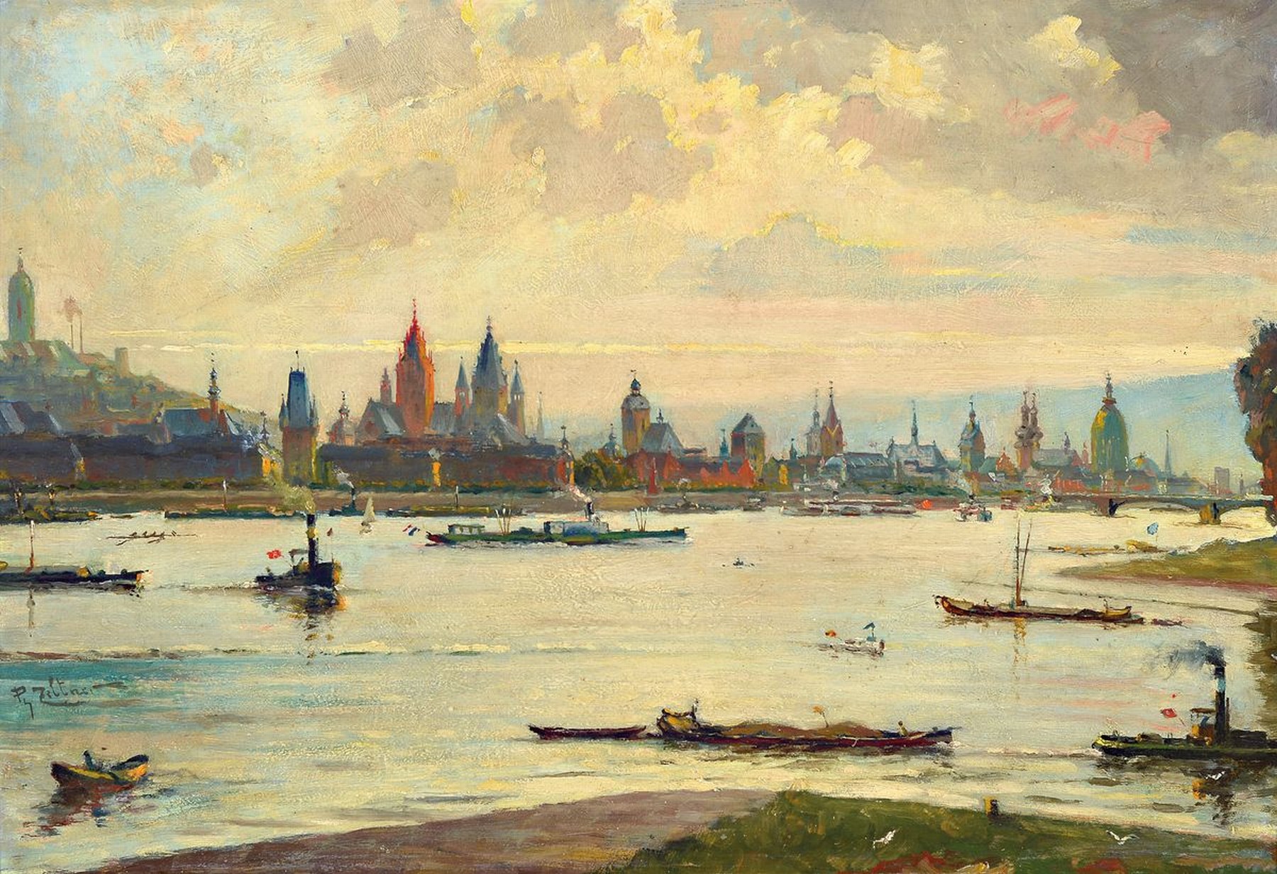 Phipii Zeltner, 1865-1946 Mainz, Studium an den Akademien Karlsruhe, München und Paris, hier Blick über den Rhein auf das Panorama von Mainz, ...