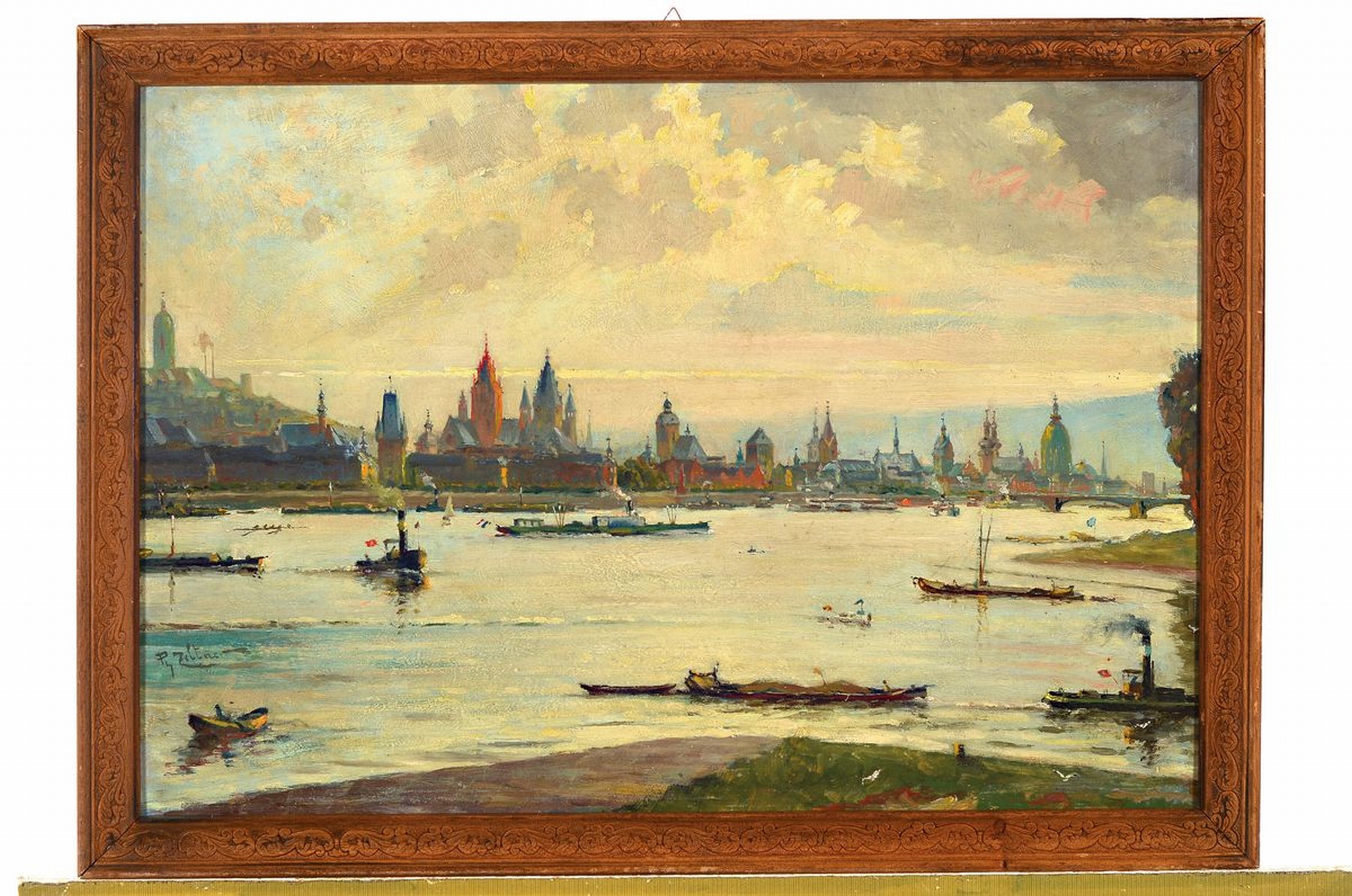 Detail k: Phipii Zeltner, 1865-1946 Mainz, Studium an den Akademien Karlsruhe, München und Paris, hier Blick über den Rhein auf das Panorama von Mainz, ...