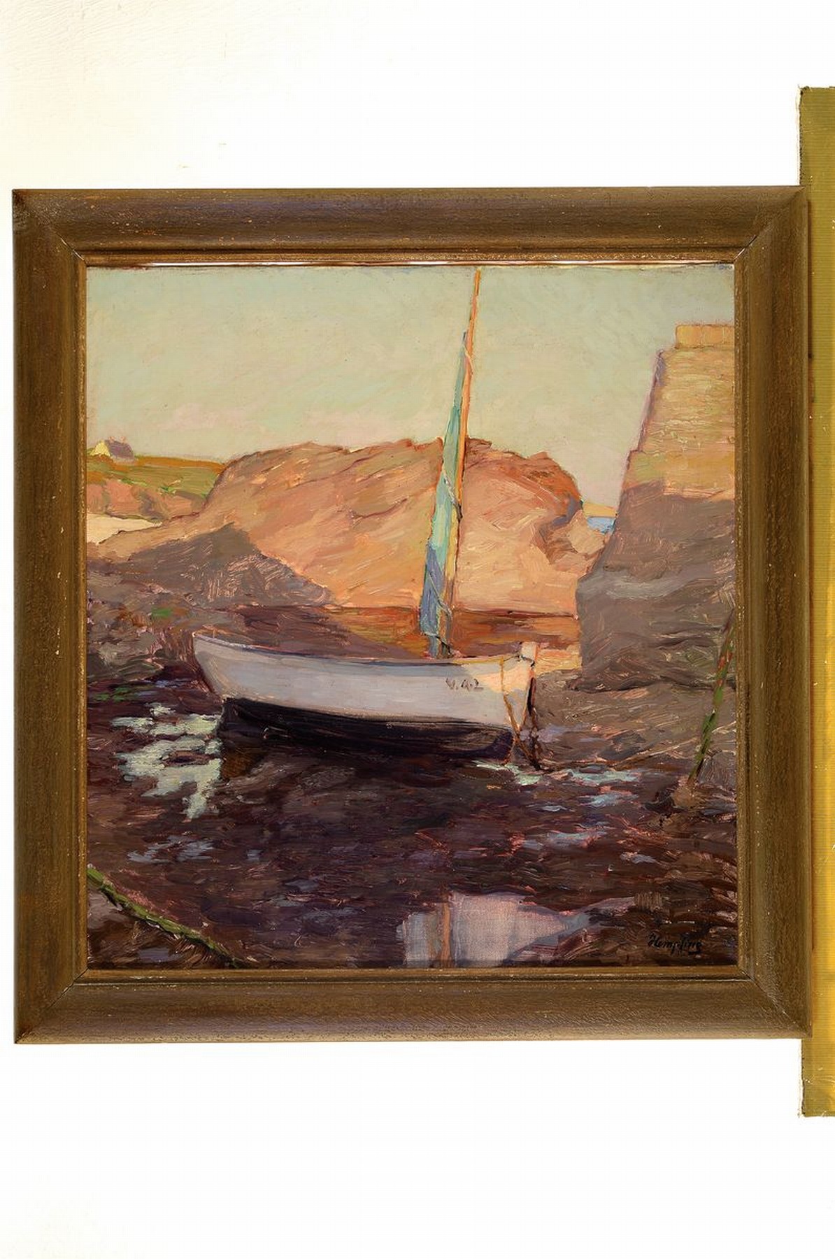 Detail k: Wilhelm Hempfing, 1886 Schönau-1948 Karlsruhe, Studium an der Akademie Karlsruhe, Meisterschüler von Friedrich Fehr, hier: Segelboot am Felsenufer, ...