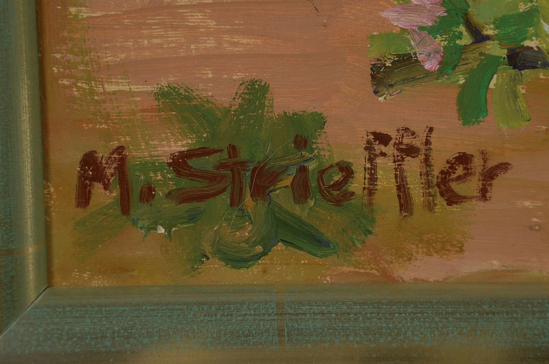 Detail a: Marie Strieffler, 1919 Landau - 1987, Blick aus dem Haus der Künstler im Löhl auf einen blühenden Garten im Frühling, Öl/Lwd, signiert, wohl um ...
