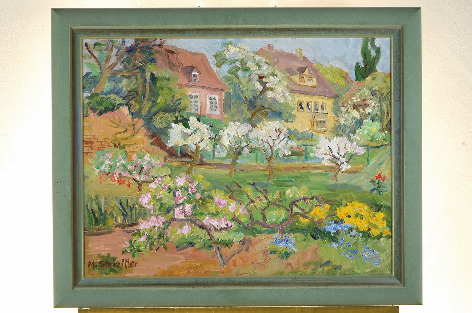 Detail k: Marie Strieffler, 1919 Landau - 1987, Blick aus dem Haus der Künstler im Löhl auf einen blühenden Garten im Frühling, Öl/Lwd, signiert, wohl um ...